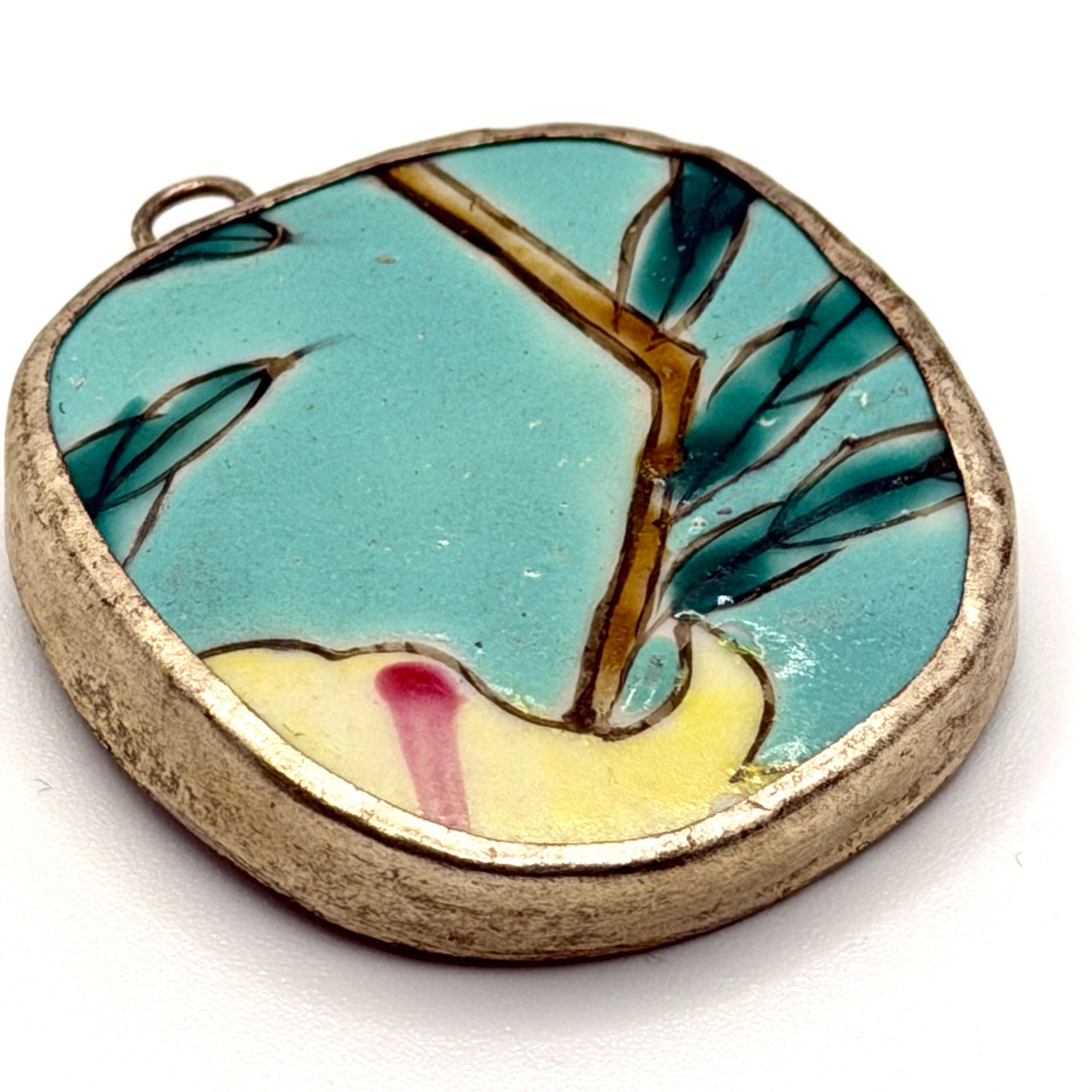 Vintage 90s Turquoise Hand Painted Porcelain Shard Bamboo Statement Pendant