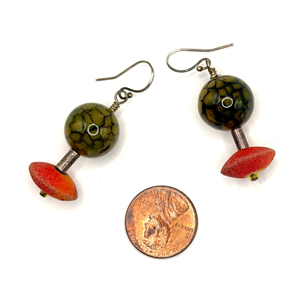 Vintage 90s Olive Green Crackle Glass Boho Drop Earrings
