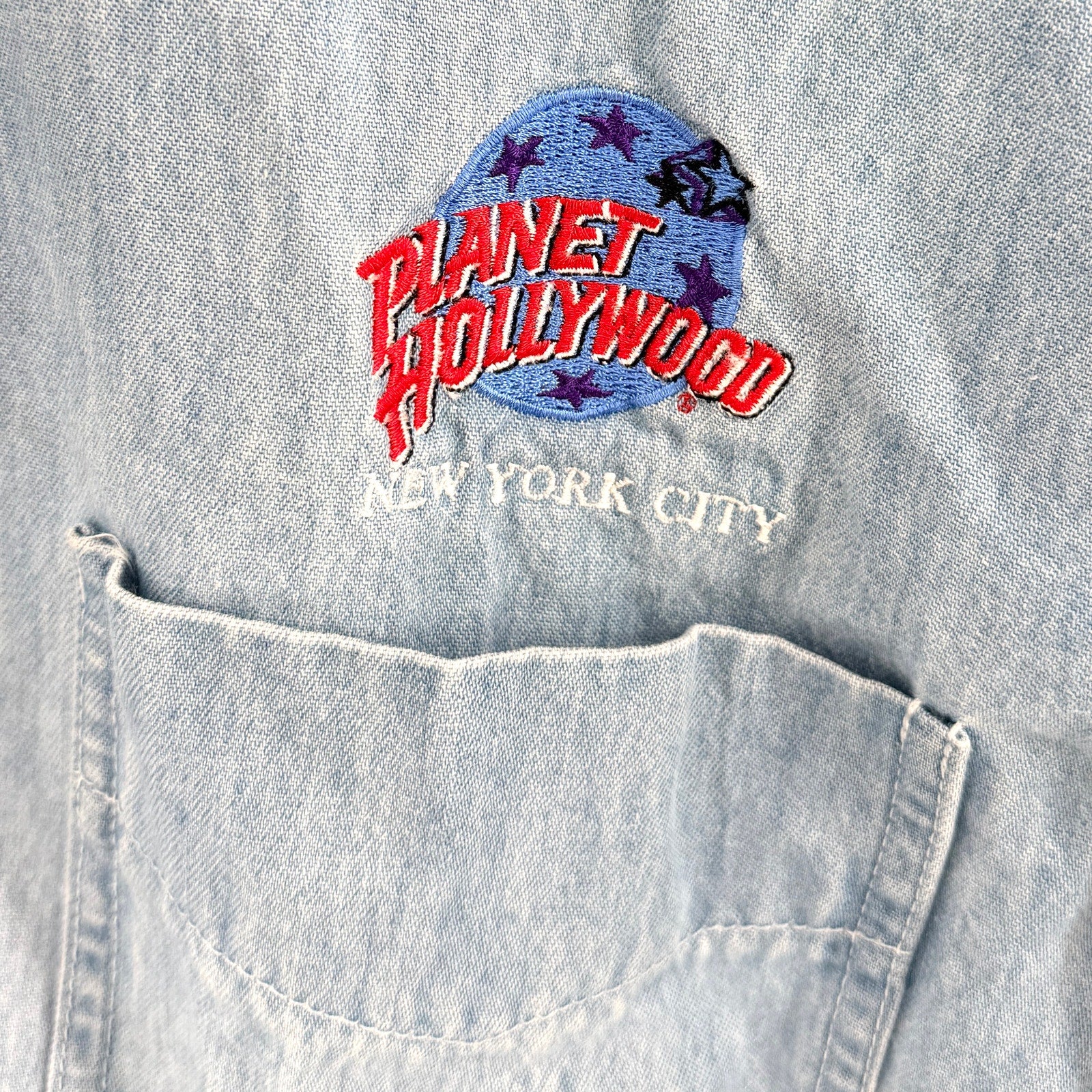 Vintage 90s Planet Hollywood NYC Light Wash 100% Cotton Denim Shirt