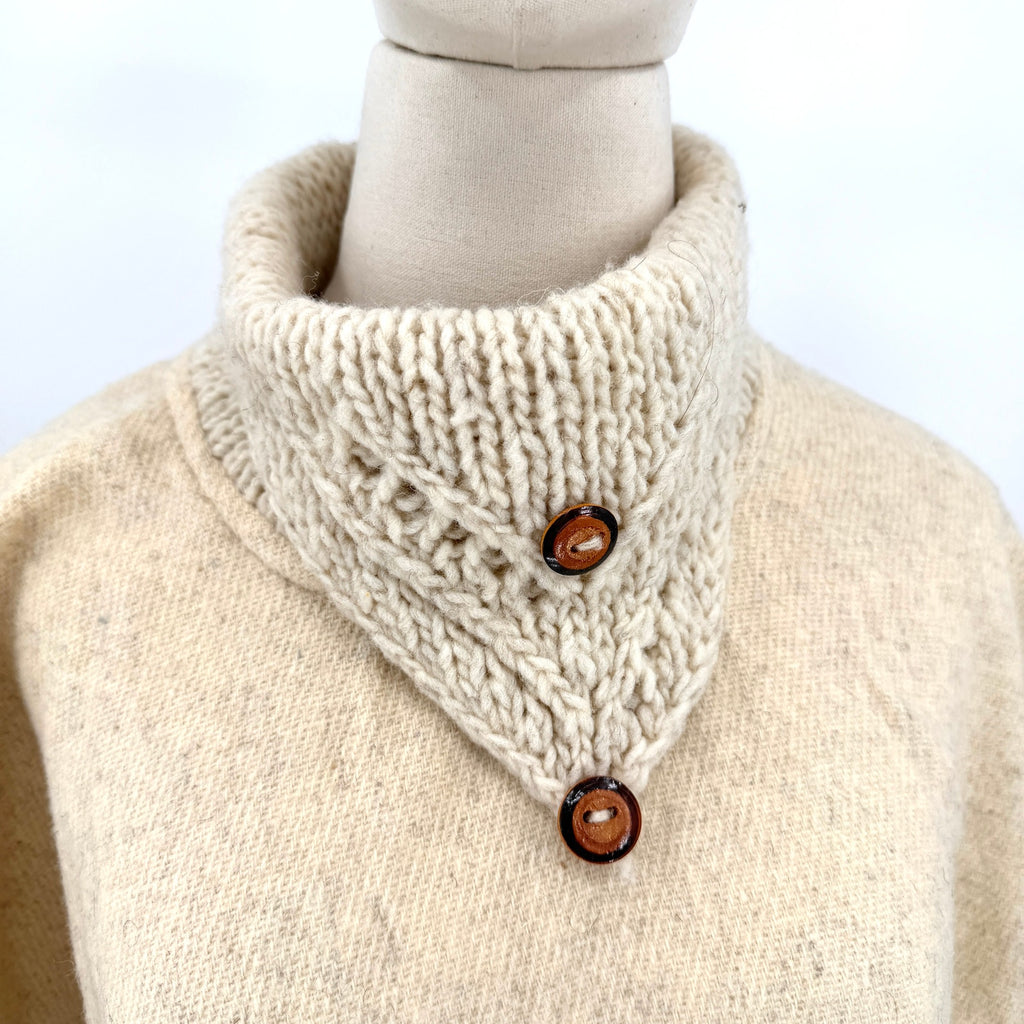 Vintage 80s Cream Oatmeal 100% Wool Button Cowl Neck Fringe Poncho