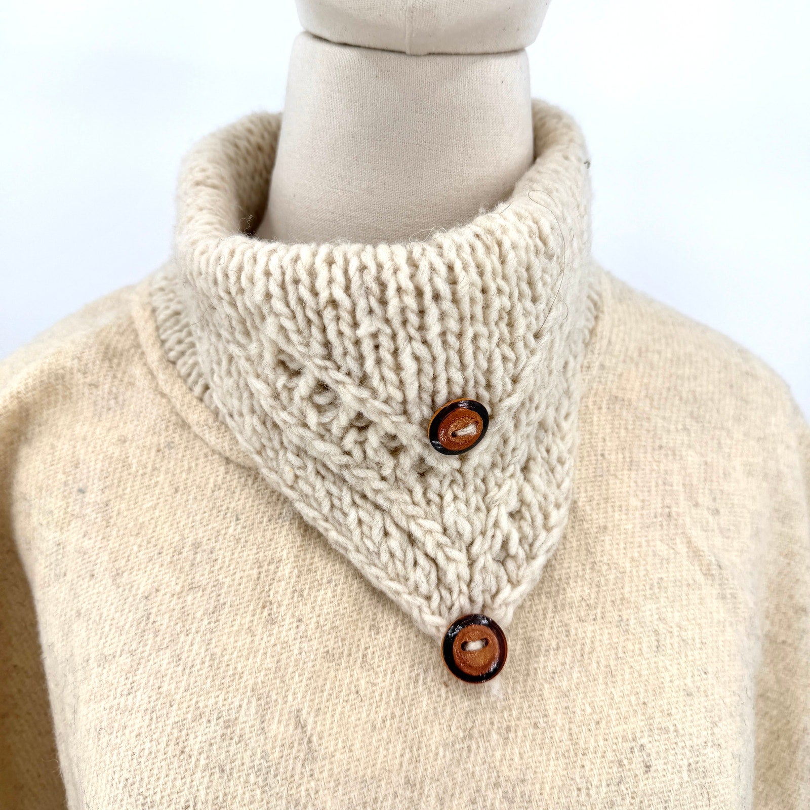Vintage 80s Cream Oatmeal 100% Wool Button Cowl Neck Fringe Poncho