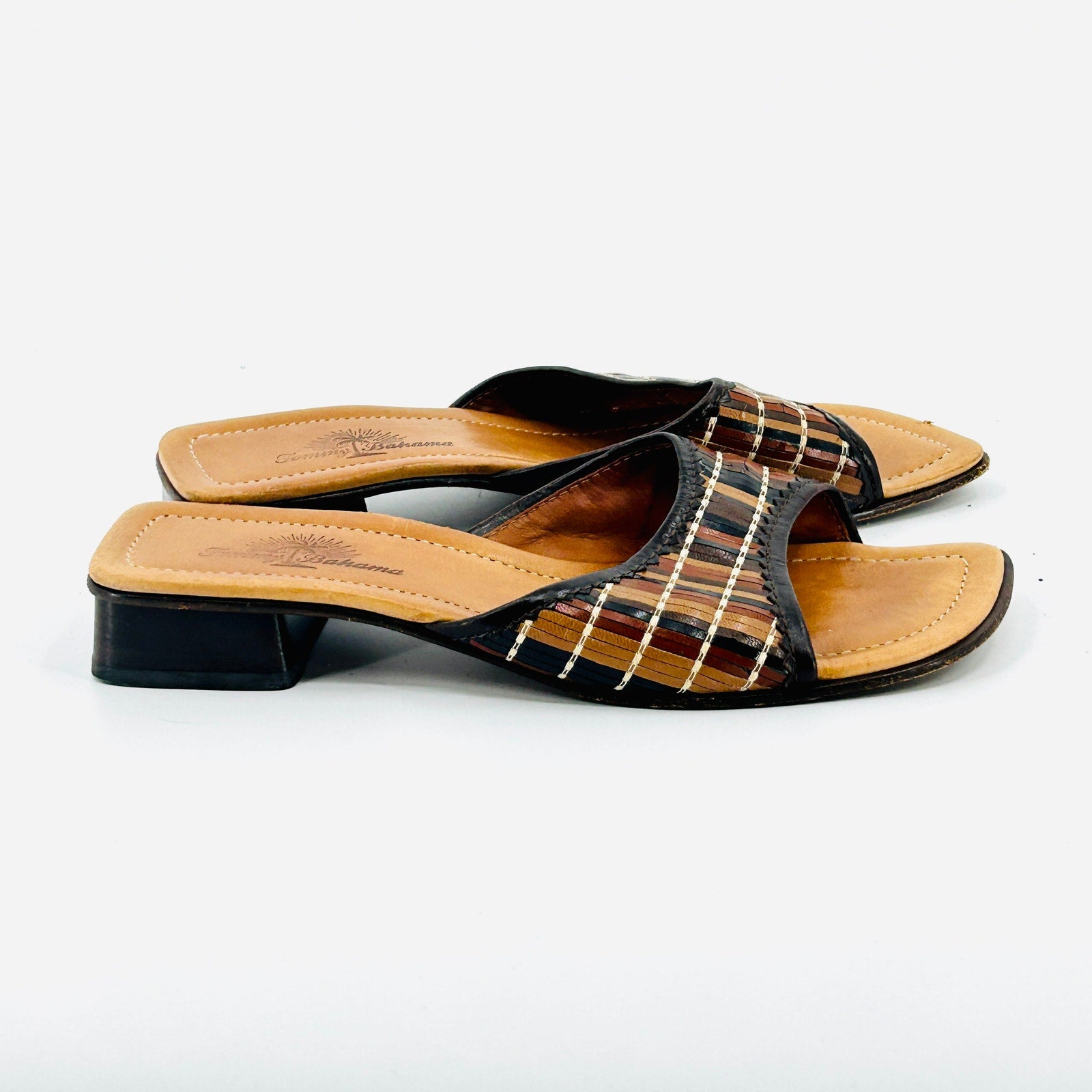 Vintage 90s Tommy Bahama Brown Tan Woven Leather Block Heel Mules