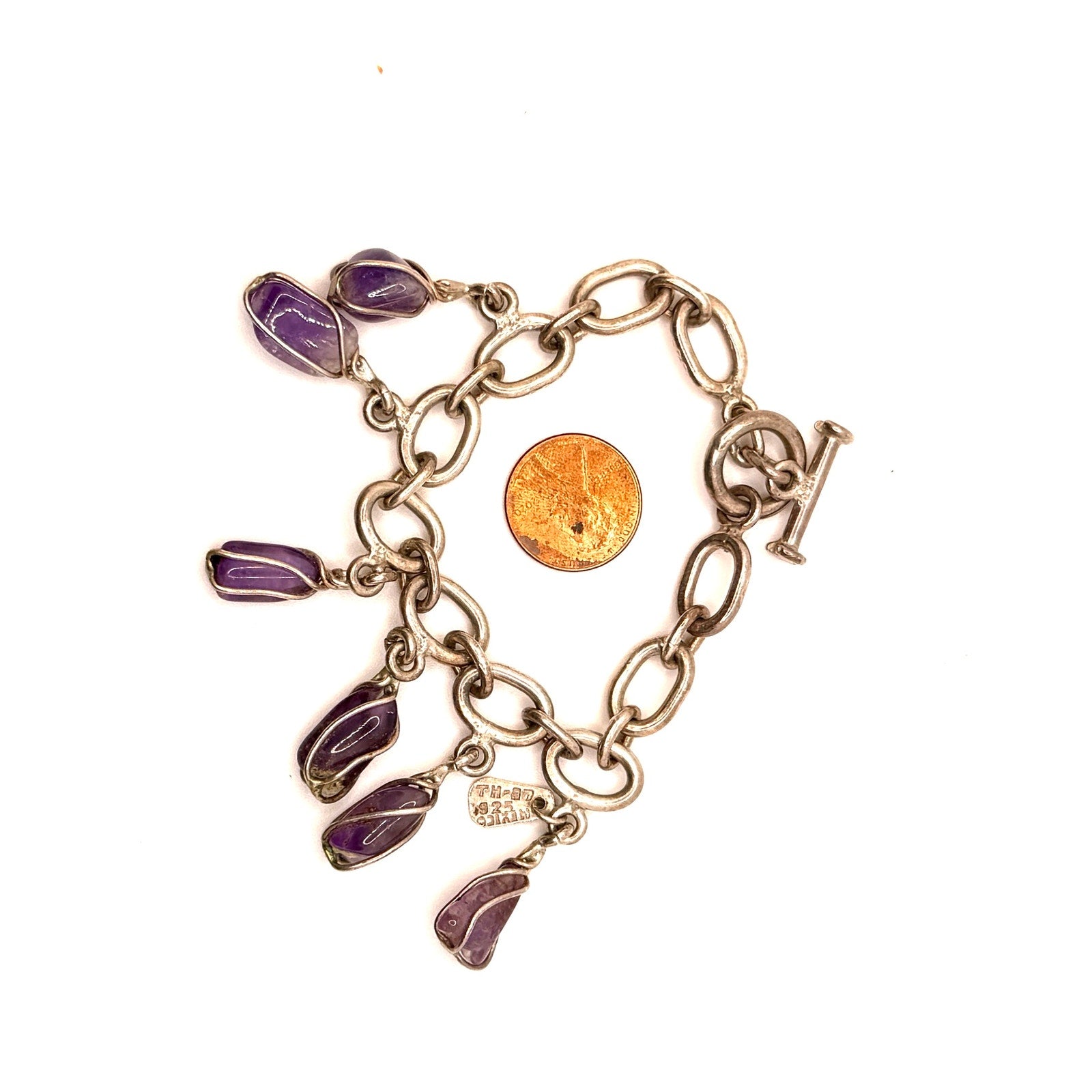 Vintage 90s Mexico Taxco 925 Sterling Silver Amethyst Charm Bracelet