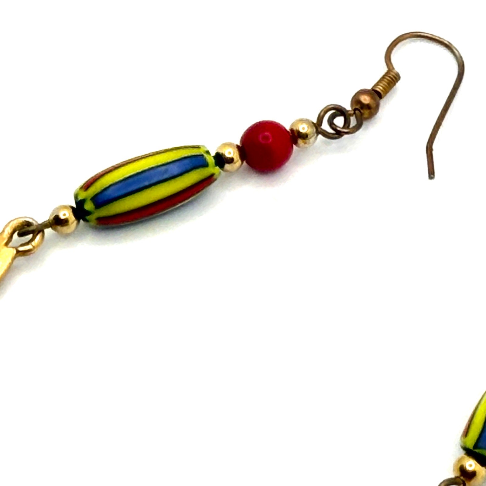 Vintage 90s Multicolor Venetian Glass African Trade Bead Gold Fish Drop Earrings