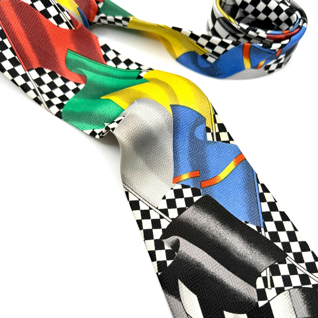Vintage 90s A. Rogers Checkered Flag Car Race Necktie