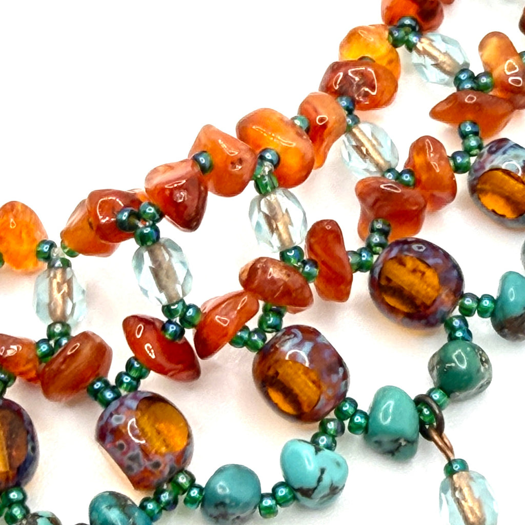 Vintage 90s Turquoise Carnelian Amber Boho Choker Fringe Statement Necklace