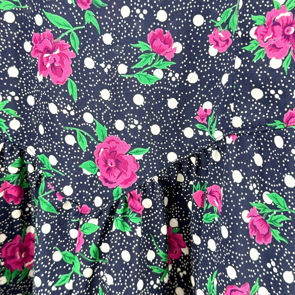 Vintage 80s Blue Floral Polka Dot Sweetheart Dropped Waist Sailboat Collar Dress