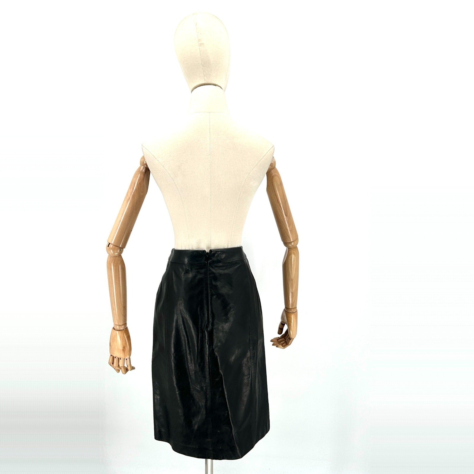 Vintage 90s Ann Taylor Black Genuine Leather Skirt with Horsebit Waist Detail