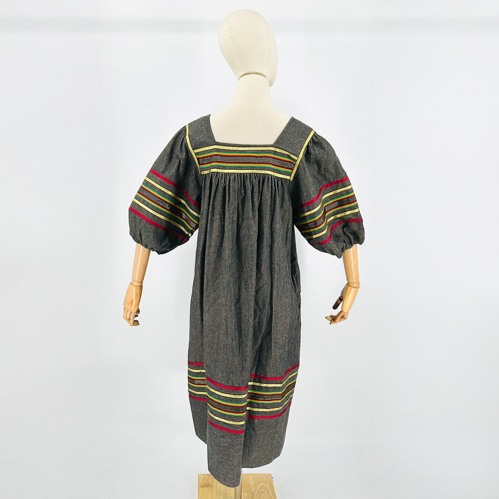 Vintage 70s Krist Gudnason Gray Striped Ribbon Trim Puff Sleeve Muumuu Dress