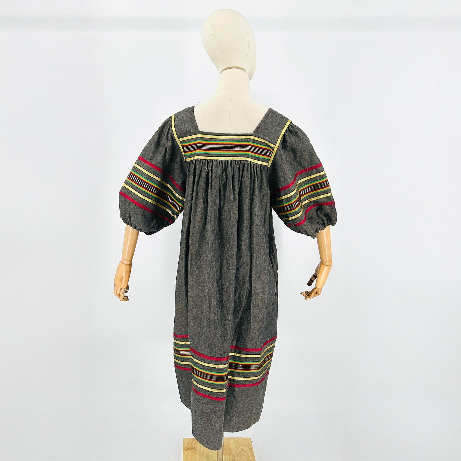 Vintage 70s Krist Gudnason Gray Striped Ribbon Trim Puff Sleeve Muumuu Dress