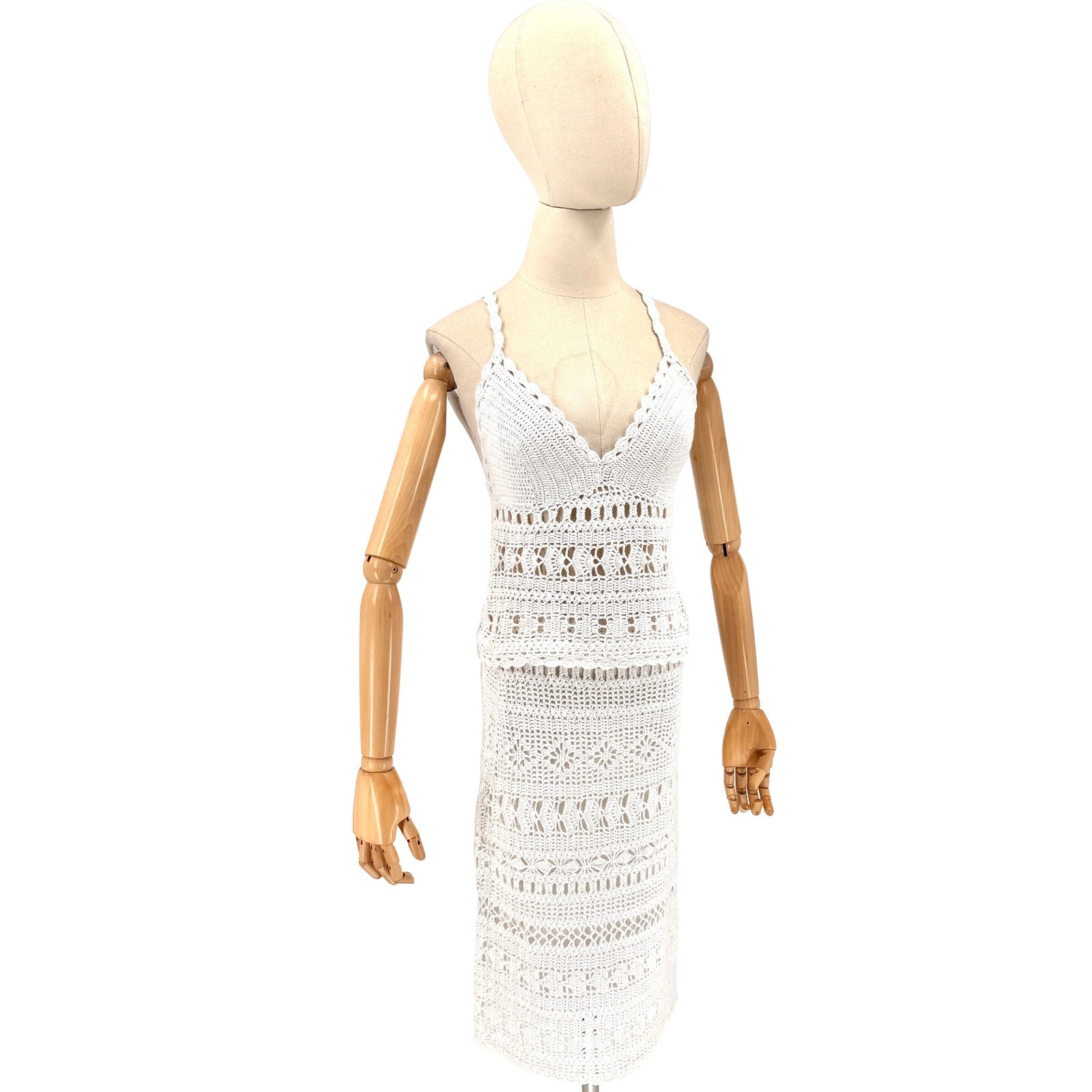 Vintage Y2K Newport News White Ramie Cotton Crochet Bralette Skirt Two Piece Set