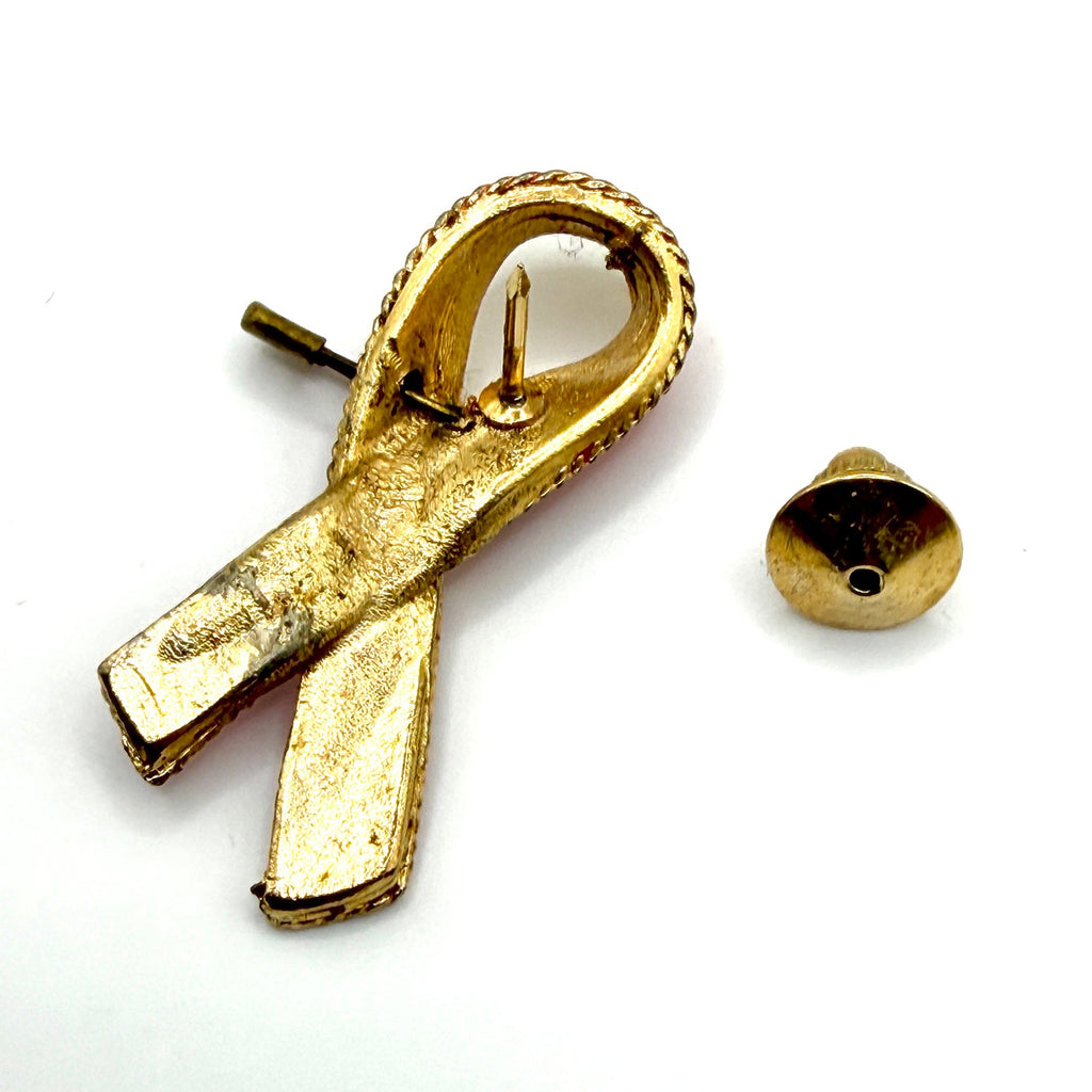 Vintage 80s Red Gold Enamel AIDS Awareness Ribbon Lapel Pin