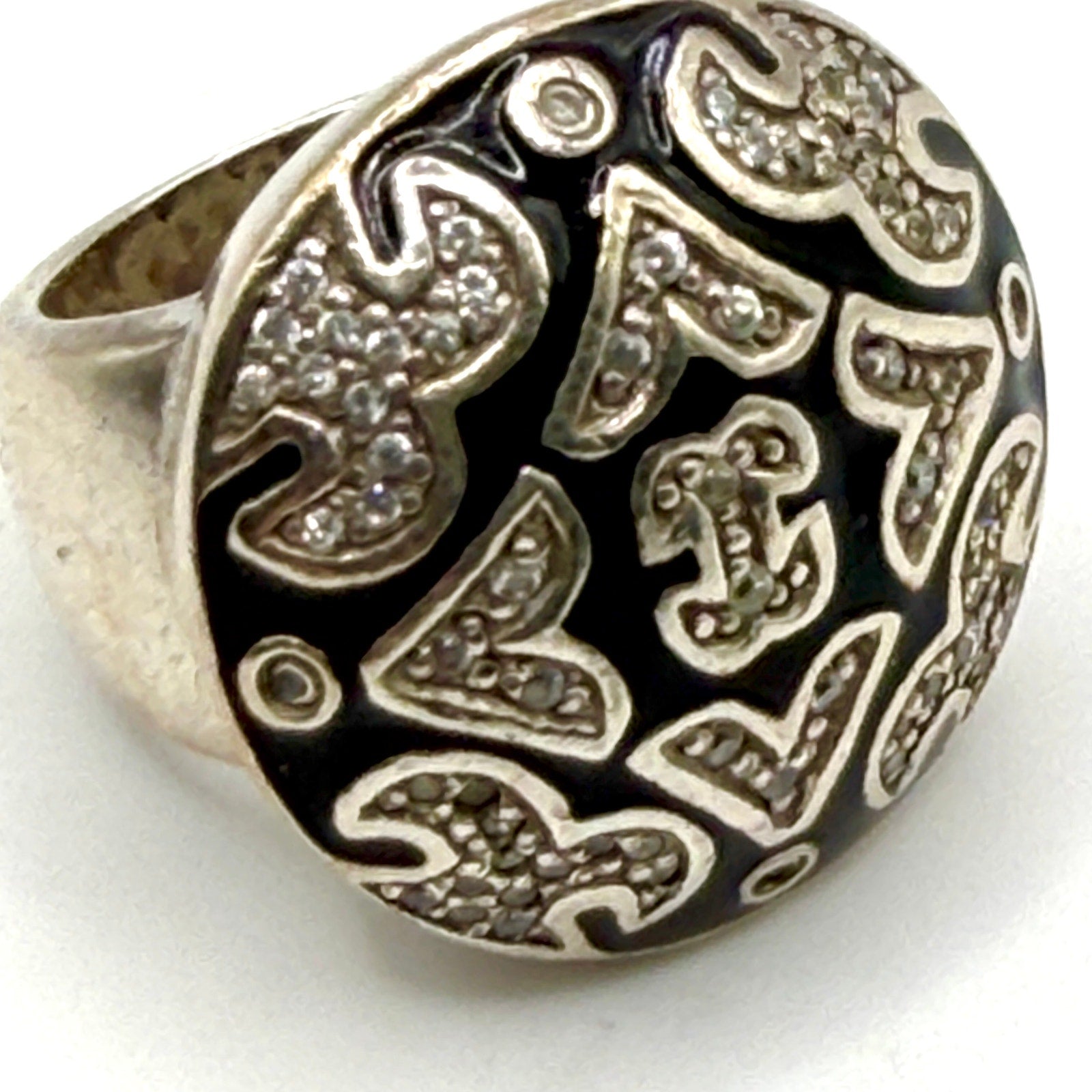 Vintage 90s Signed Black Enamel Rhinestone Sterling Silver Dome Cocktail Ring