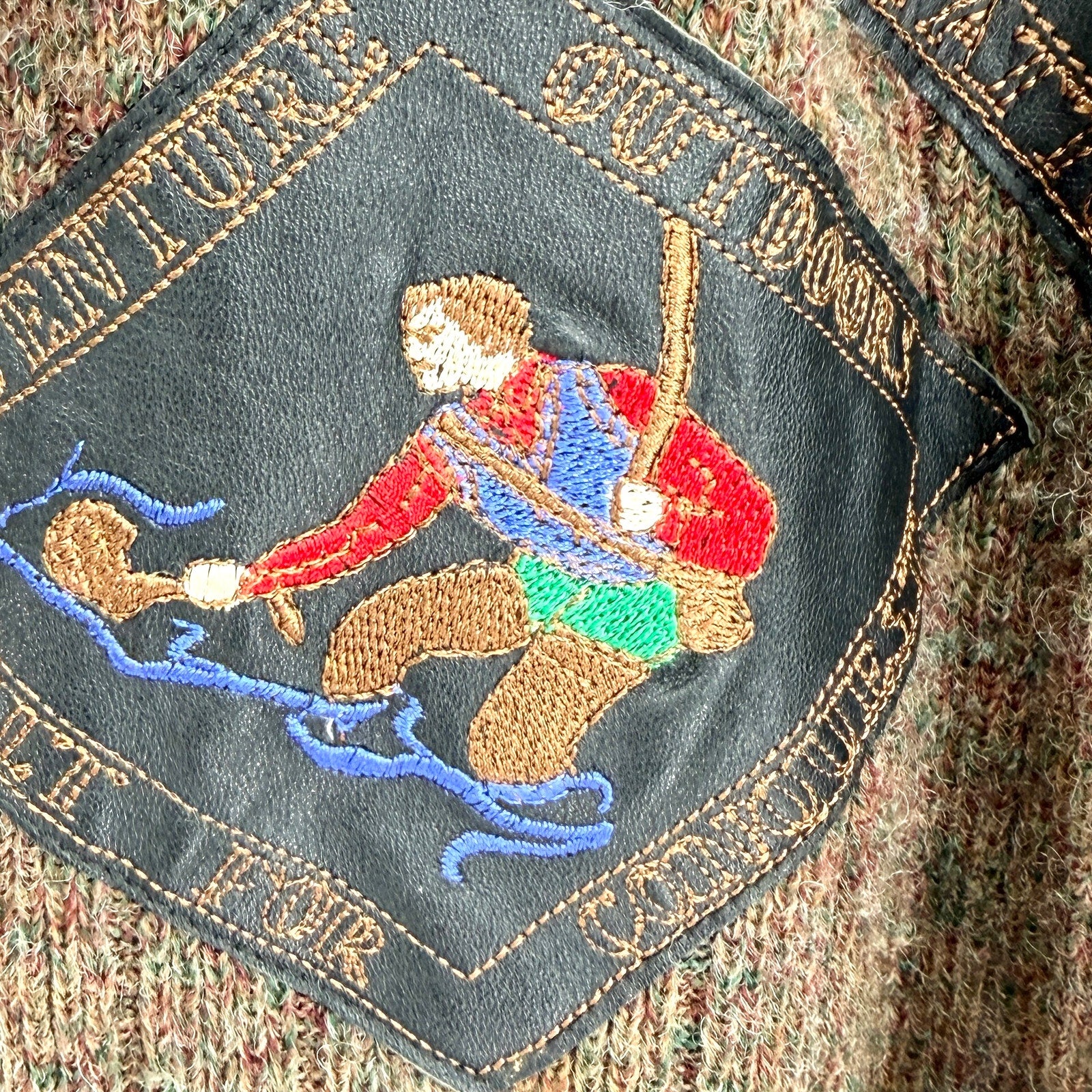 Vintage 80s Guy Laurent Brown 100% Wool Outdoor Leather Patch Sweater