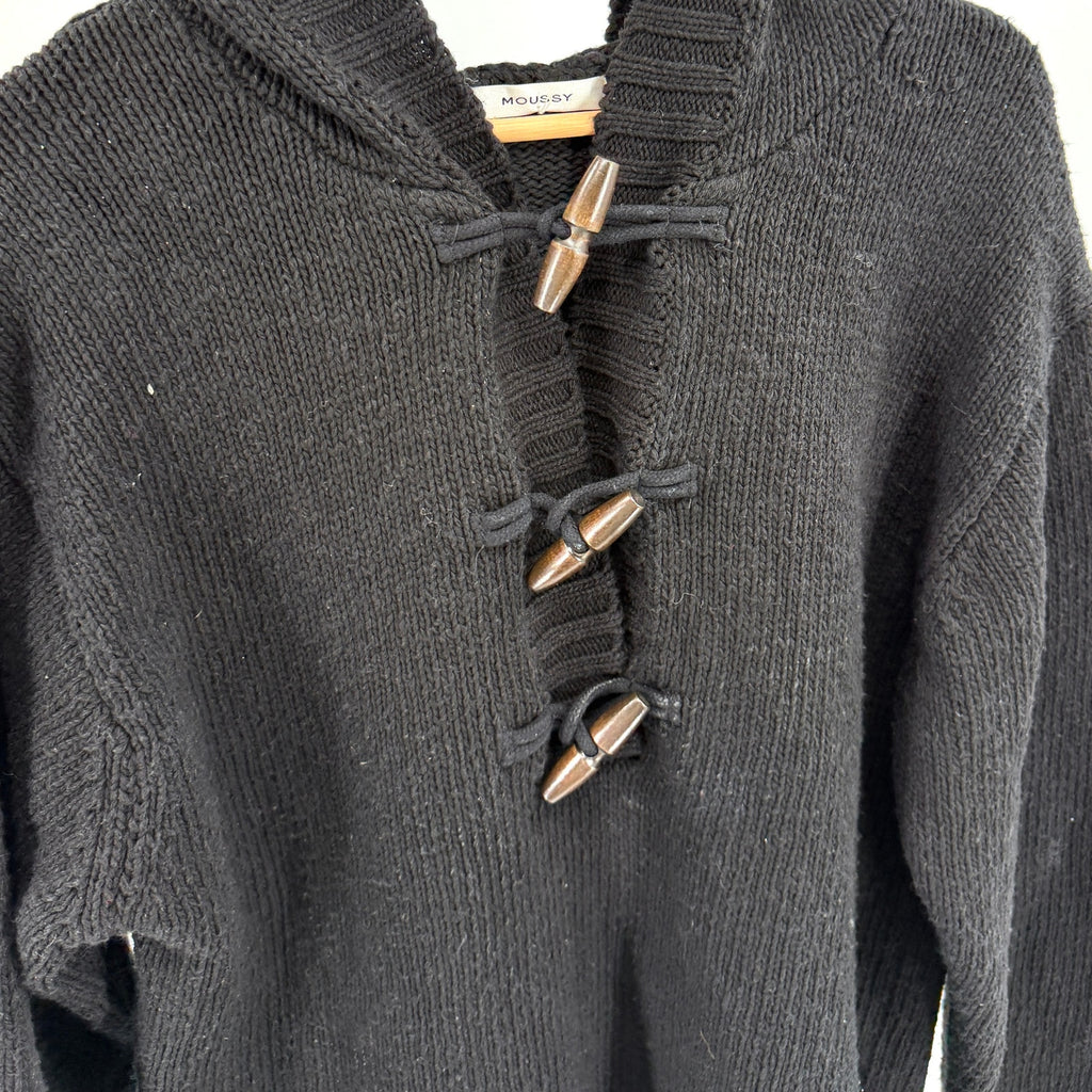 Moussy Black Heavy Knit Toggle Hooded Sweater Jacket