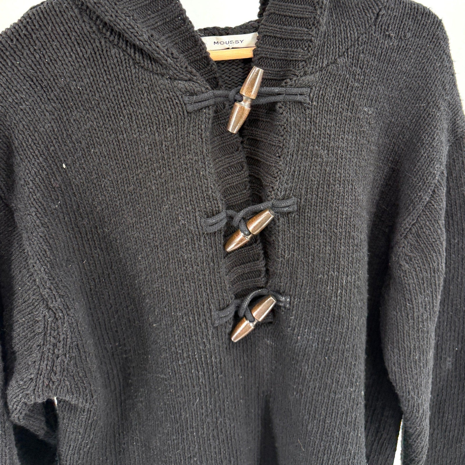 Moussy Black Heavy Knit Toggle Hooded Sweater Jacket