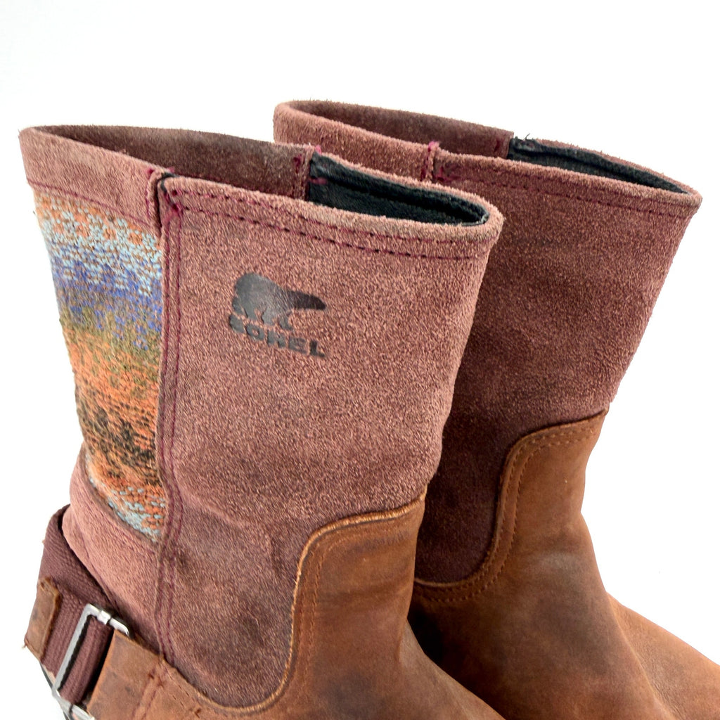 Sorel Brown Genuine Leather Suede Southwestern Woven Pull On Boots