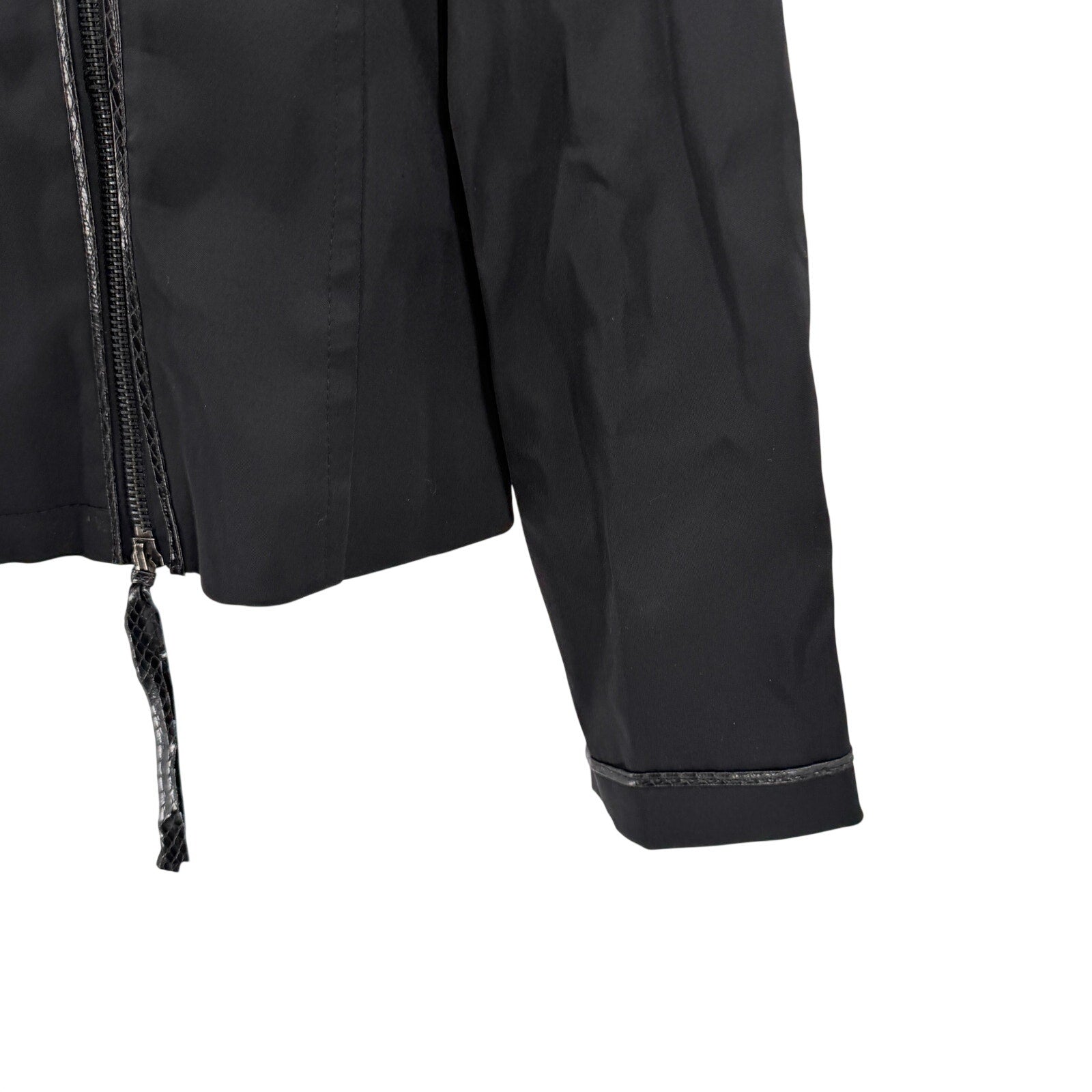 Vintage Y2K Sharagano Black Satin Snakeskin Trim Double Zip Moto Jacket