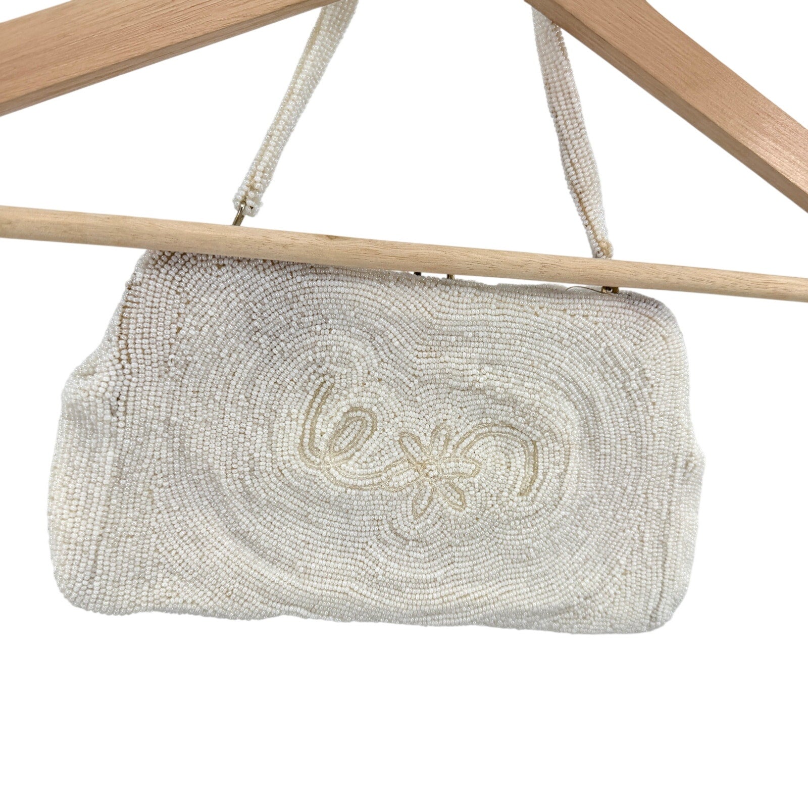 Vintage 1950s Japan Ivory Beaded Floral Evening Bag