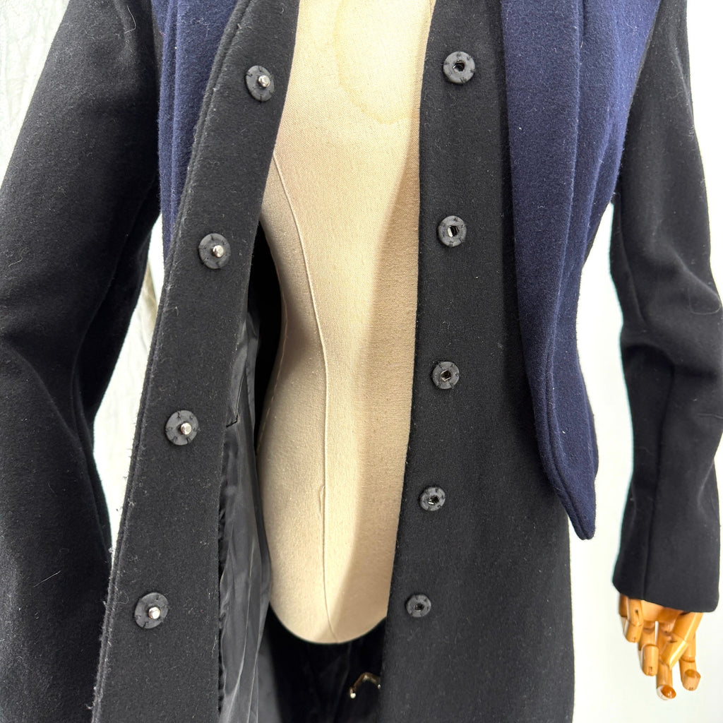 Marchesa Voyage Black Navy Blue Wool Blend Snap Overcoat Jacket