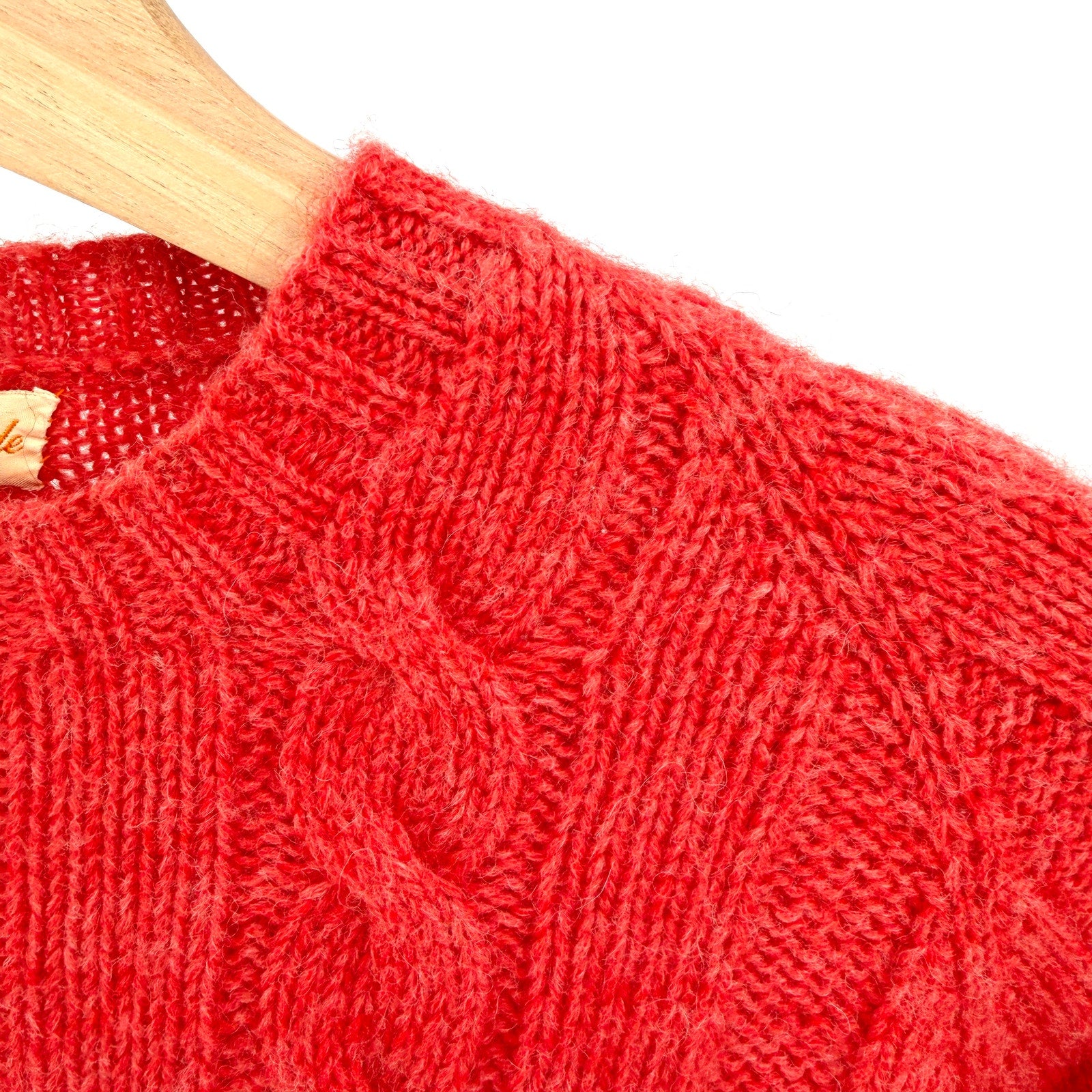 Vintage 60s Custom Made Red Wool Cable Knit Crewneck Sweater