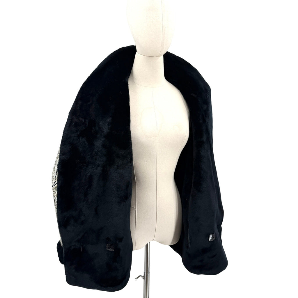 Vintage 80s Silver Gold Paisley Brocade Faux Fur Trim Tuxedo Jacket Coat