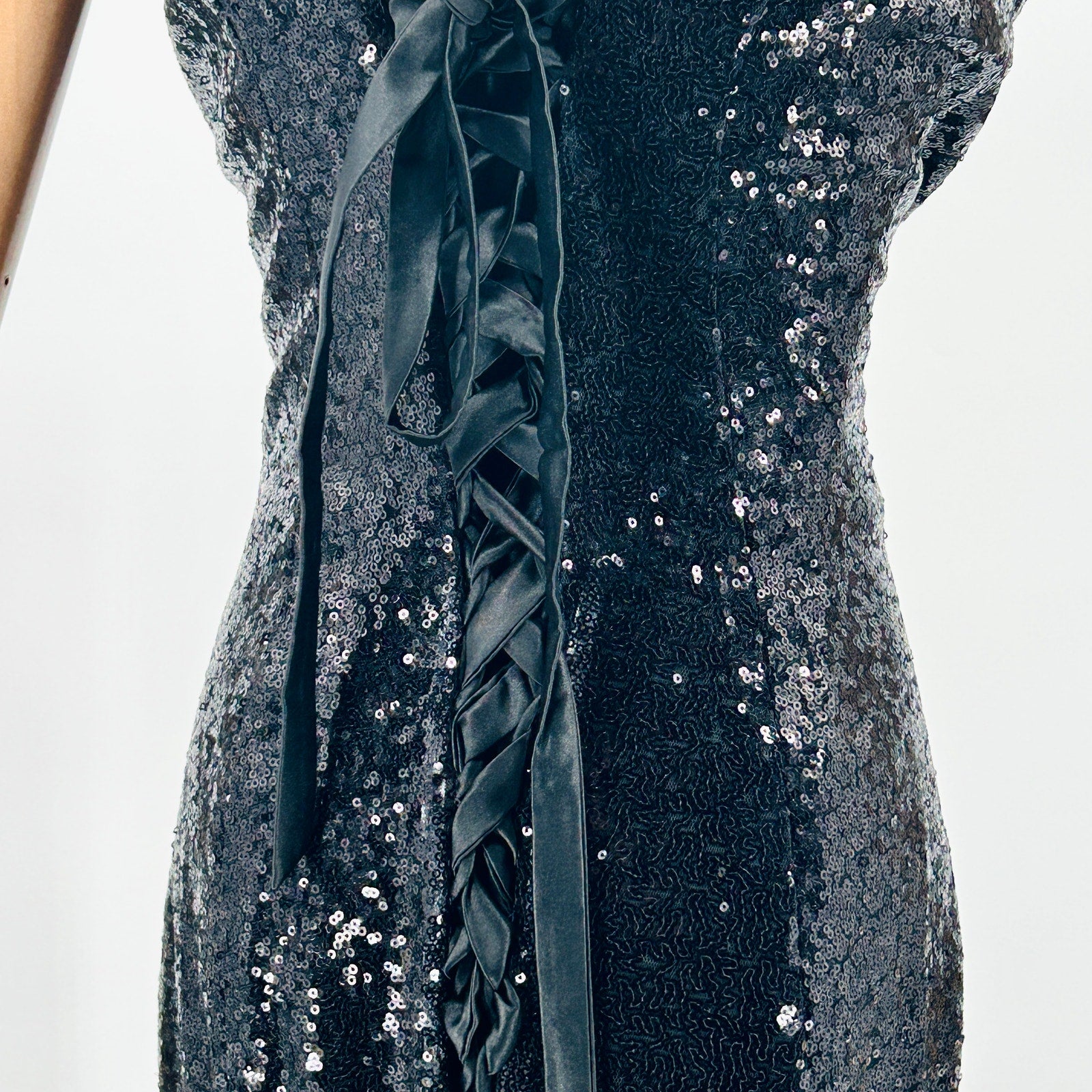 Y2K Black Sequin Sexy Satin Lace-Up Corset Back Evening Gown