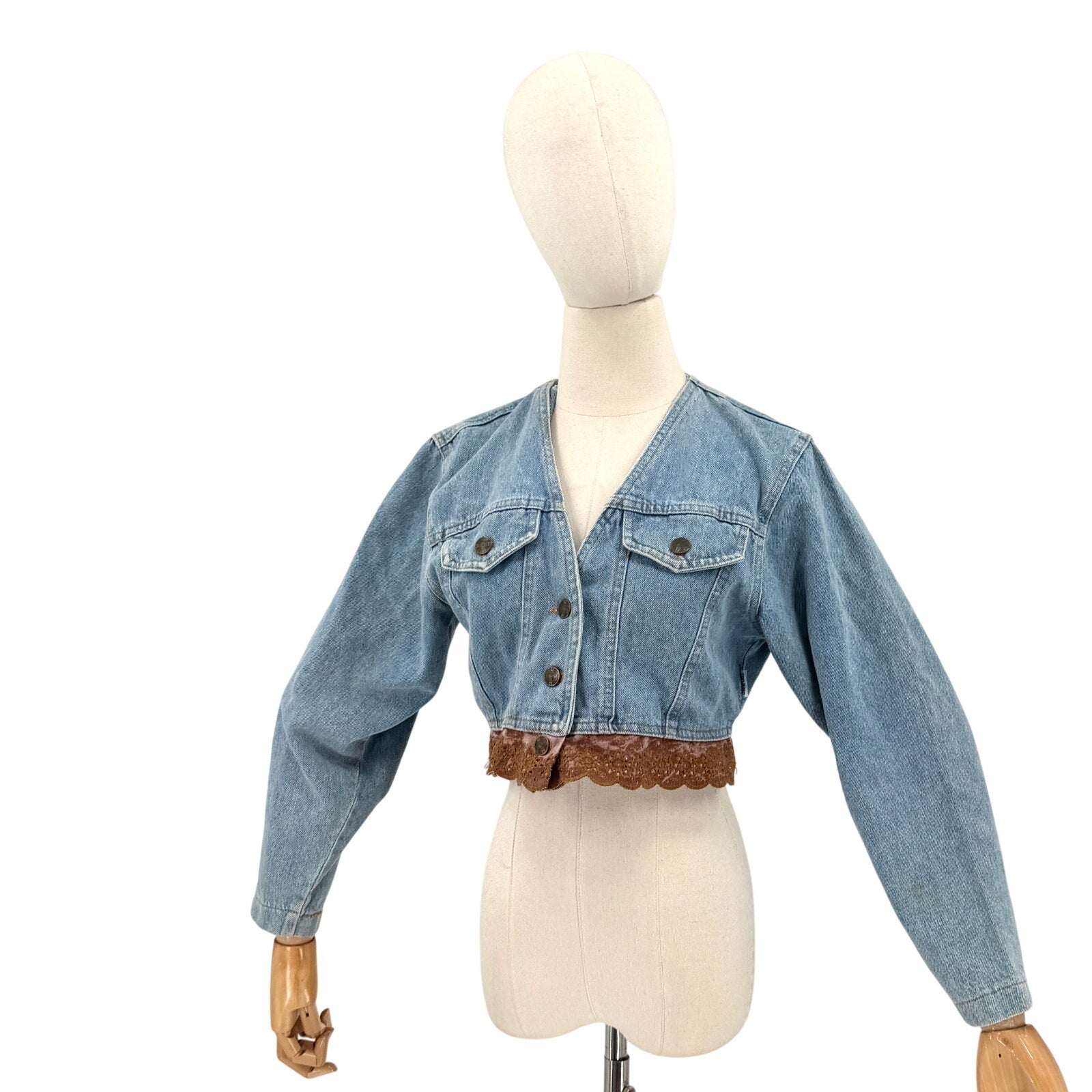 Vintage 90s Switch Blue 100% Cotton Cropped Brown Lace Trim Denim Jacket