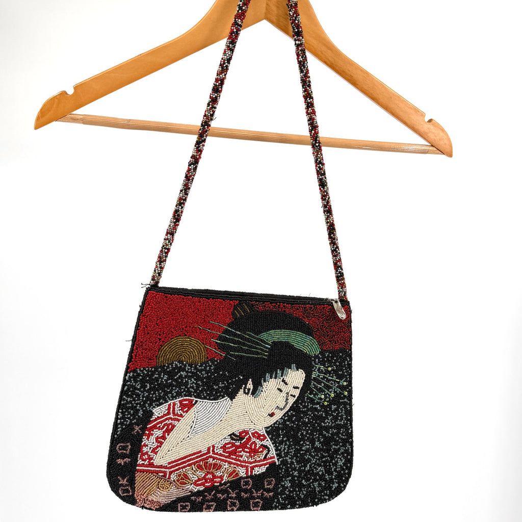 Vintage 90s Chicos Black Red Asian Geisha Portrait Fully Beaded Handbag