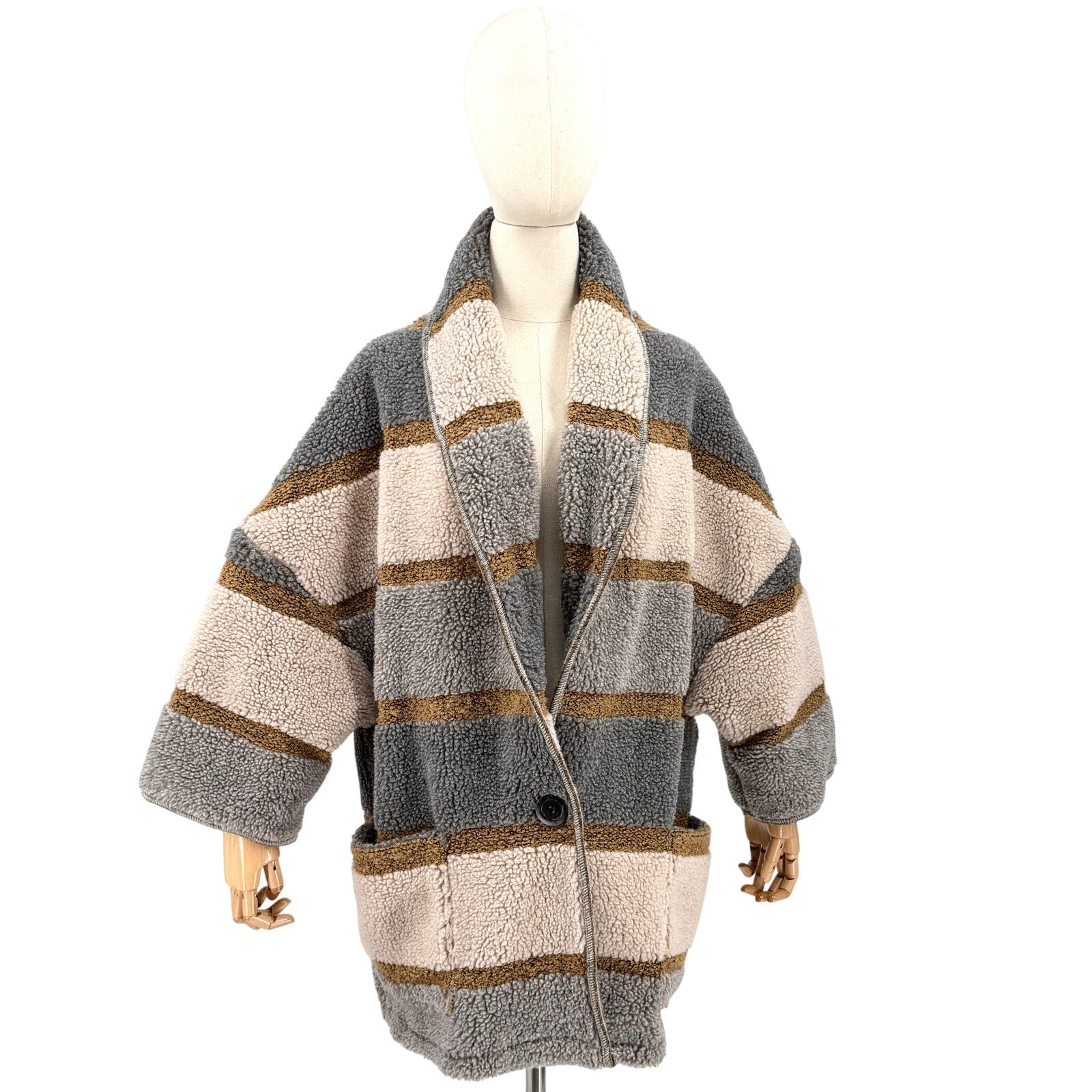 en THREAD Gray Tan Striped Oversized Cocoon Duffel Coat