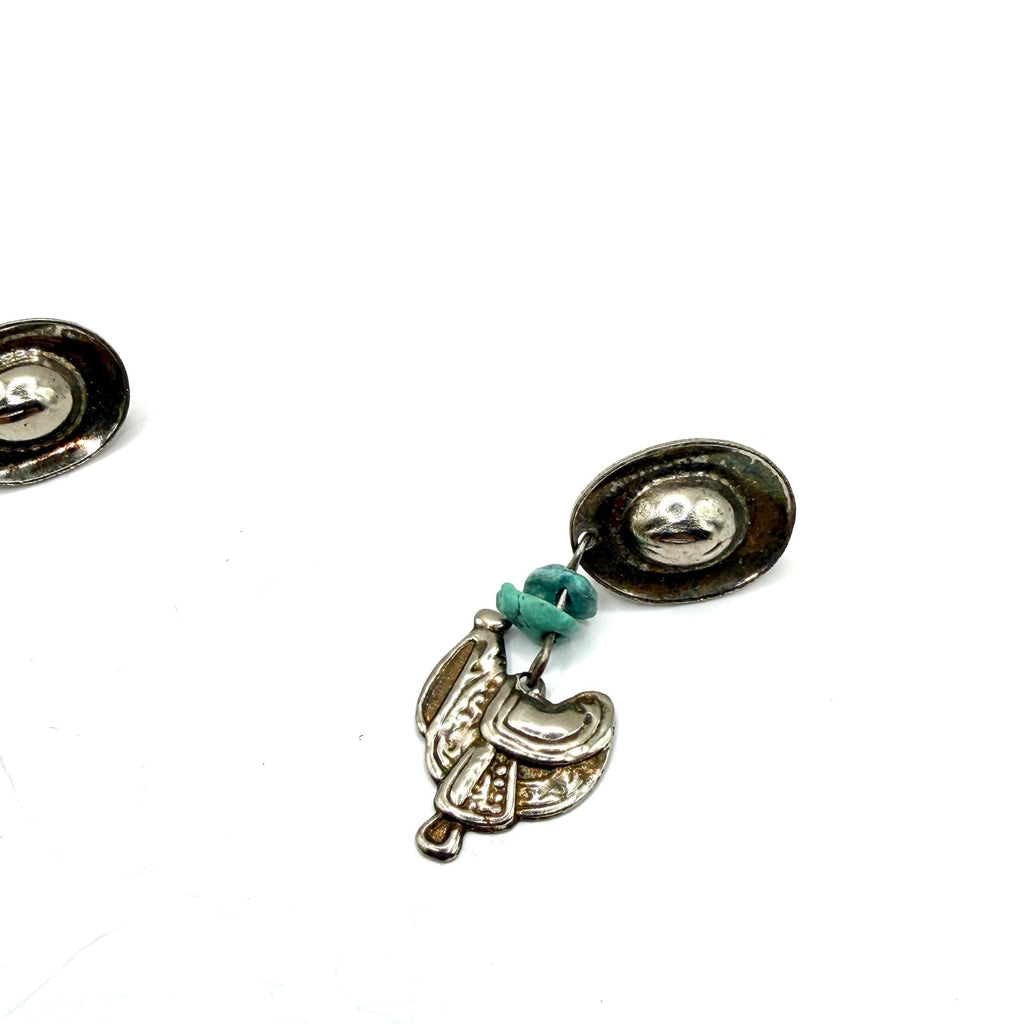 Vintage 90s Silver Turquoise Southwestern Cowboy Boot Saddle Drop Earrings