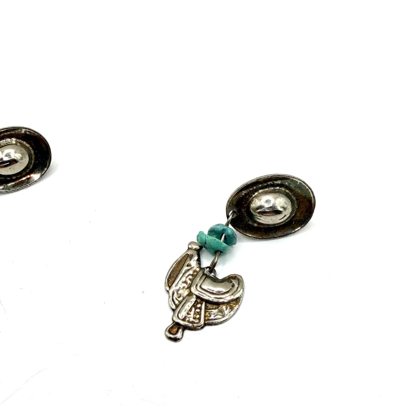 Vintage 90s Silver Turquoise Southwestern Cowboy Boot Saddle Drop Earrings