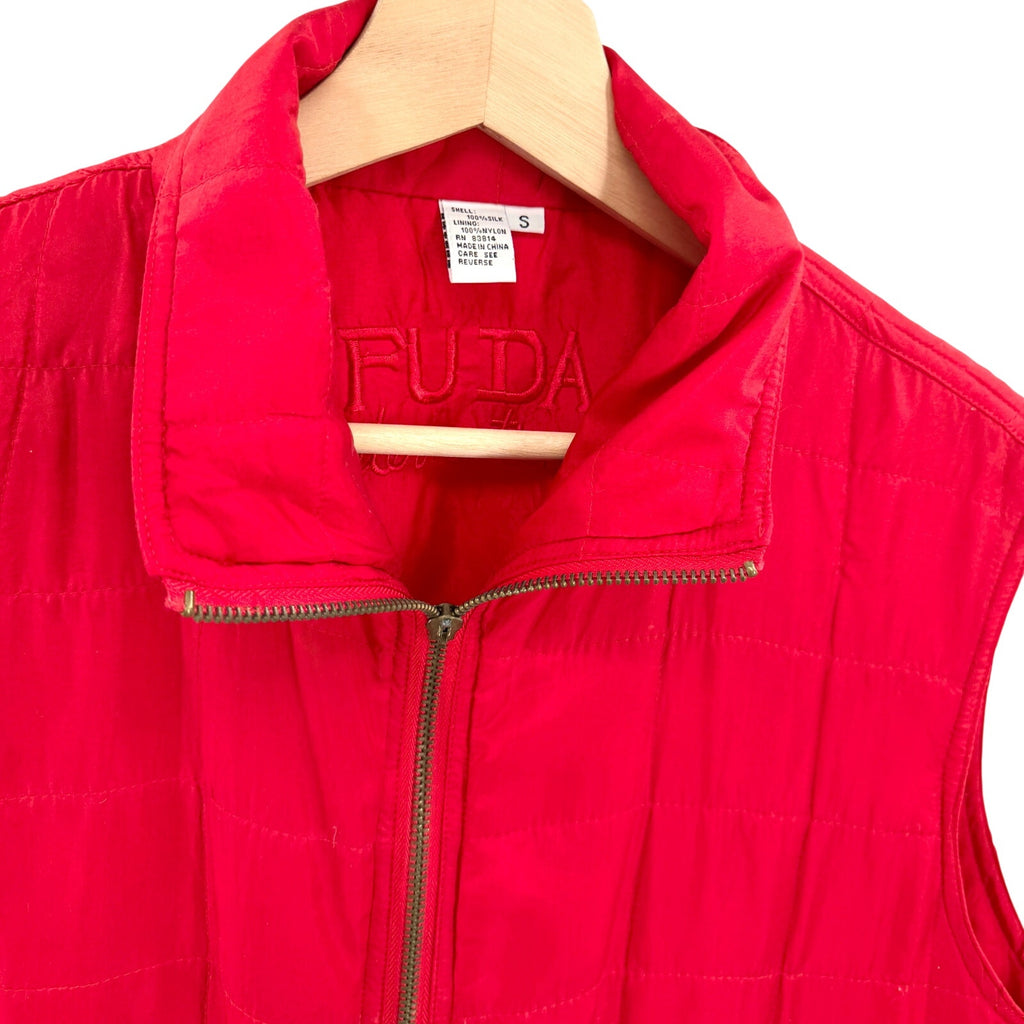 Vintage 90s Fuda International Red Silk Quilted Zip Front Vest