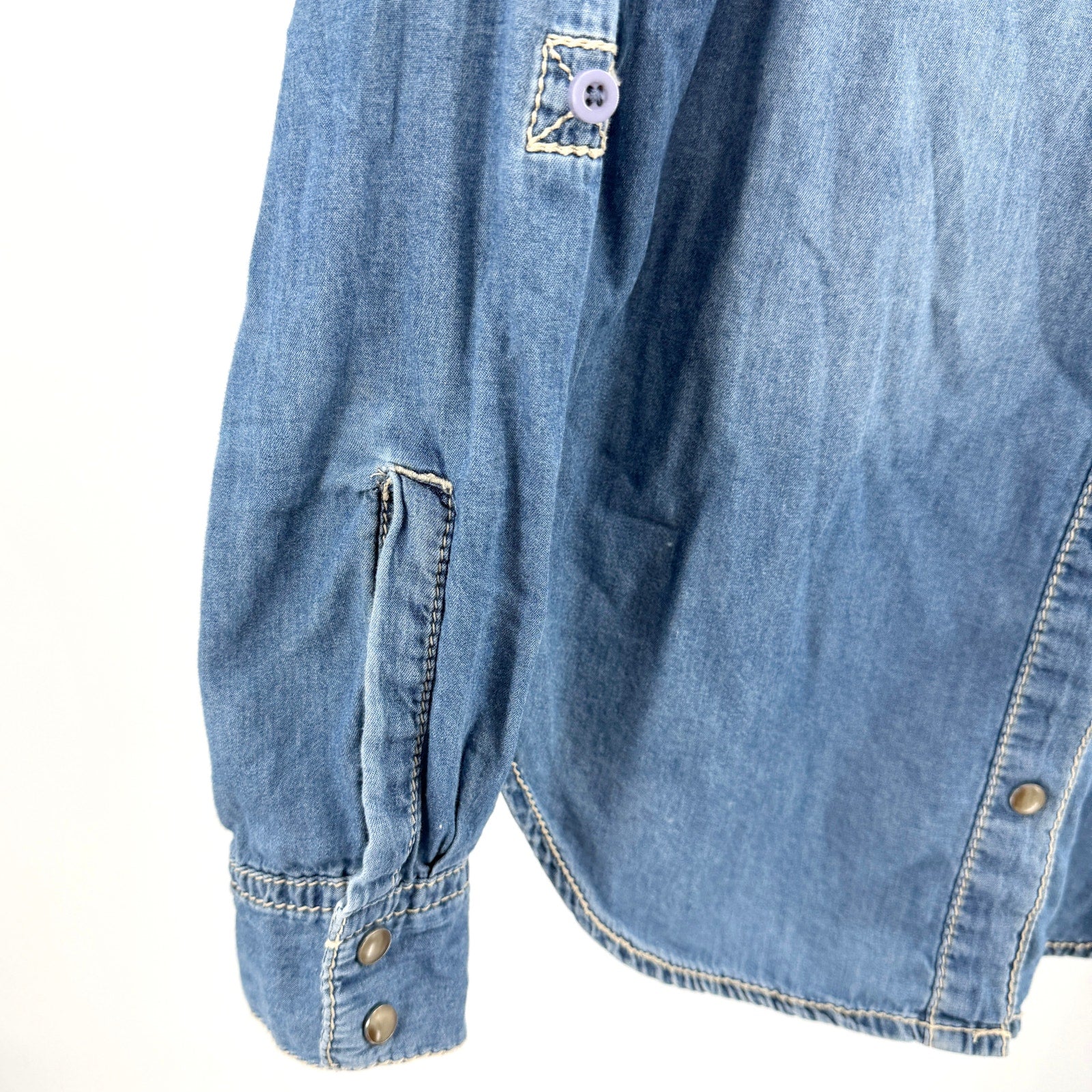 Seven For All Mankind Blue 100% Cotton Western Snap Roll Tab Chambray Shirt