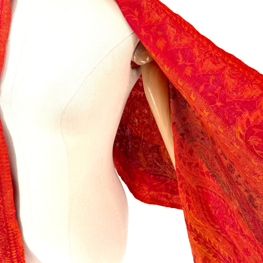 Vintage Y2K Sacred Threads Orange Red 100% Silk Paisley Woven Fringed Shawl