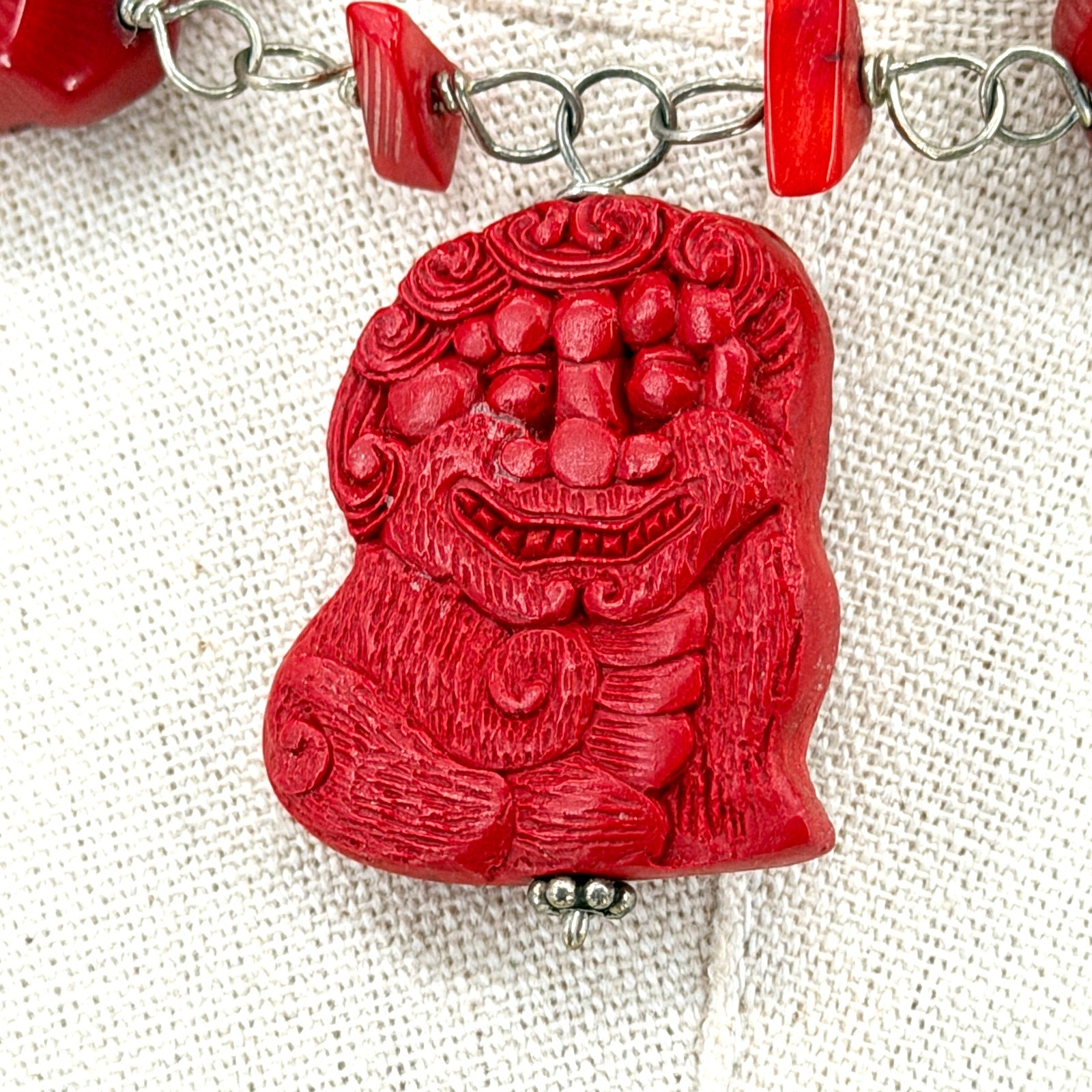 Vintage Red Coral Chunk Carved Cinnabar Foo Dog Pendant Statement Necklace