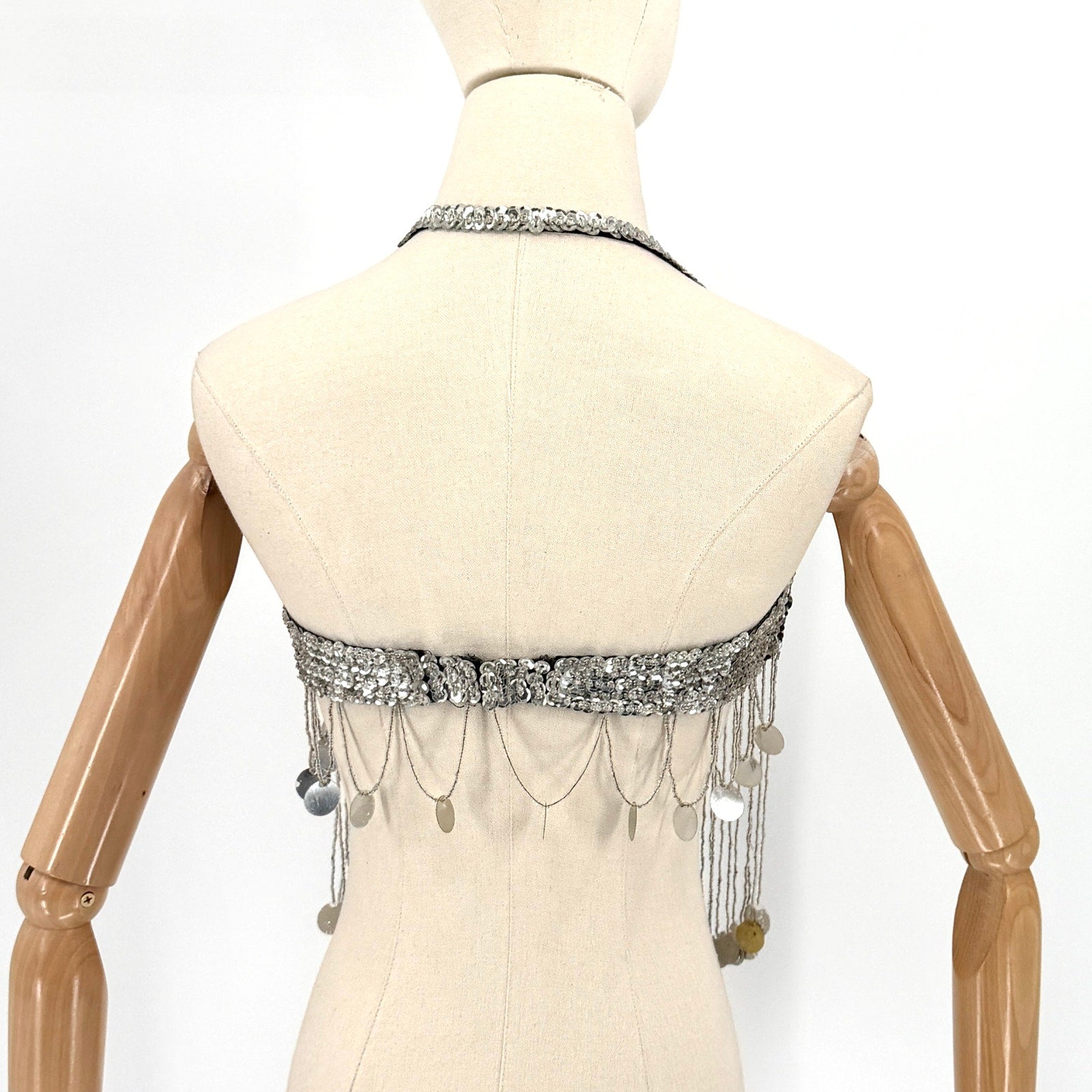 Vintage Y2K Silver Peach Sequin Beaded Fringe Showgirl Costume Bra Top