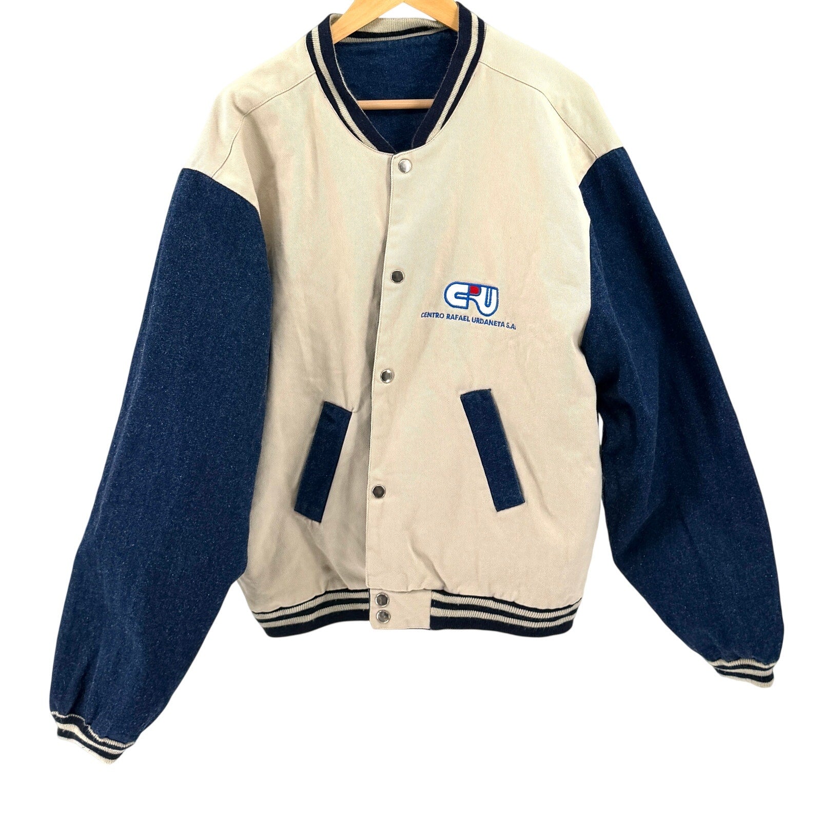 Vintage 90s Tan Blue Denim Twill Reversible Varsity Jacket