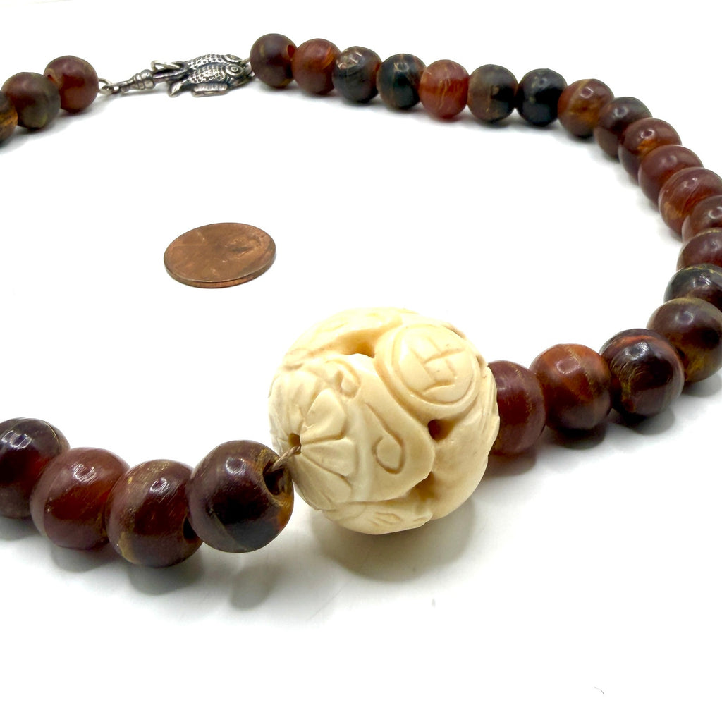 Vintage 90s Red Brown Resin Carved Bone Ram Character Statement Necklace