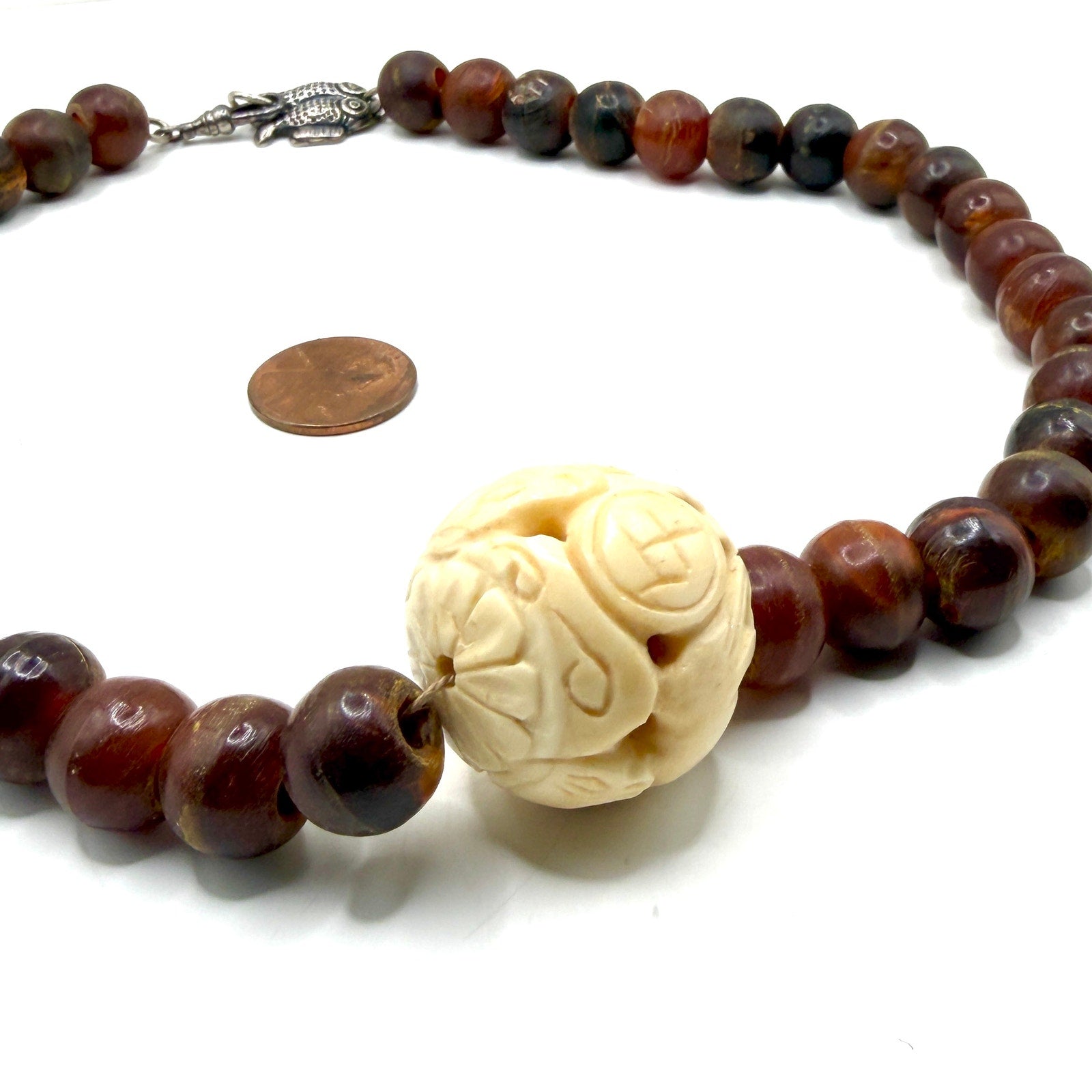 Vintage 90s Red Brown Resin Carved Bone Ram Character Statement Necklace