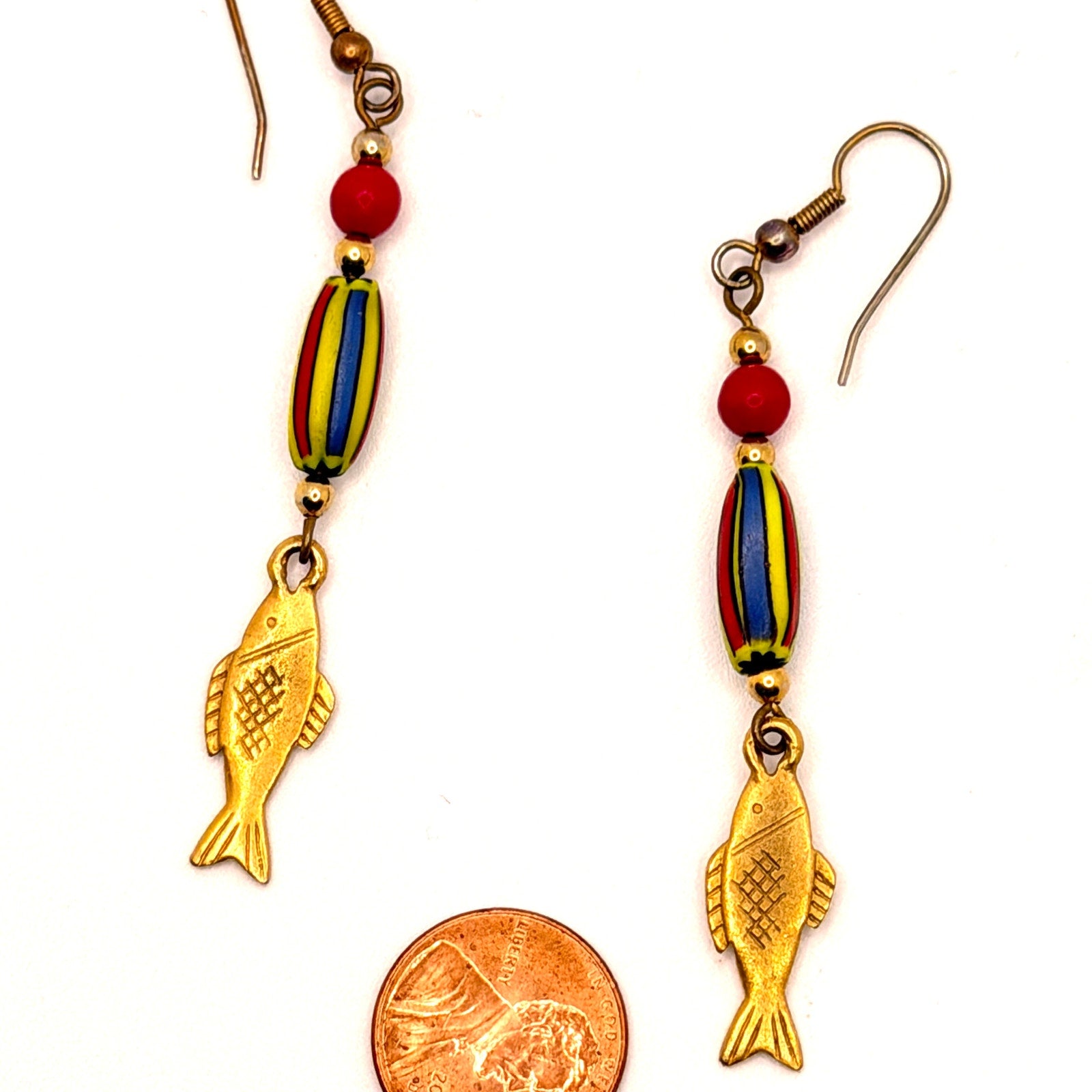Vintage 90s Multicolor Venetian Glass African Trade Bead Gold Fish Drop Earrings