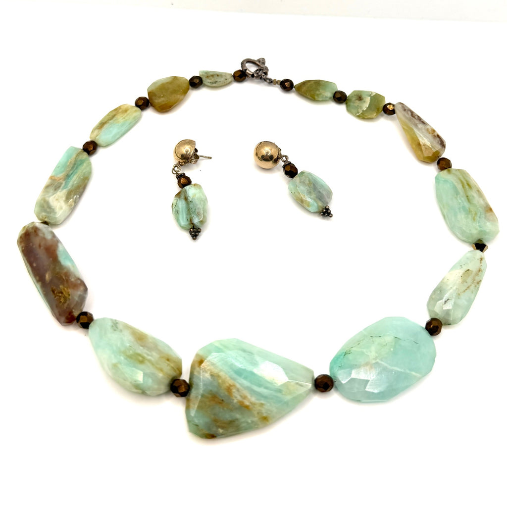 Vintage 90s Blue Green Amazonite Chunk Necklace and Stud Drop Earring Set