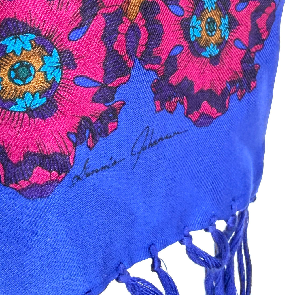Vintage 80s Ginnie Johansen Royal Blue 100% Silk Baroque Paisley Fringe Scarf