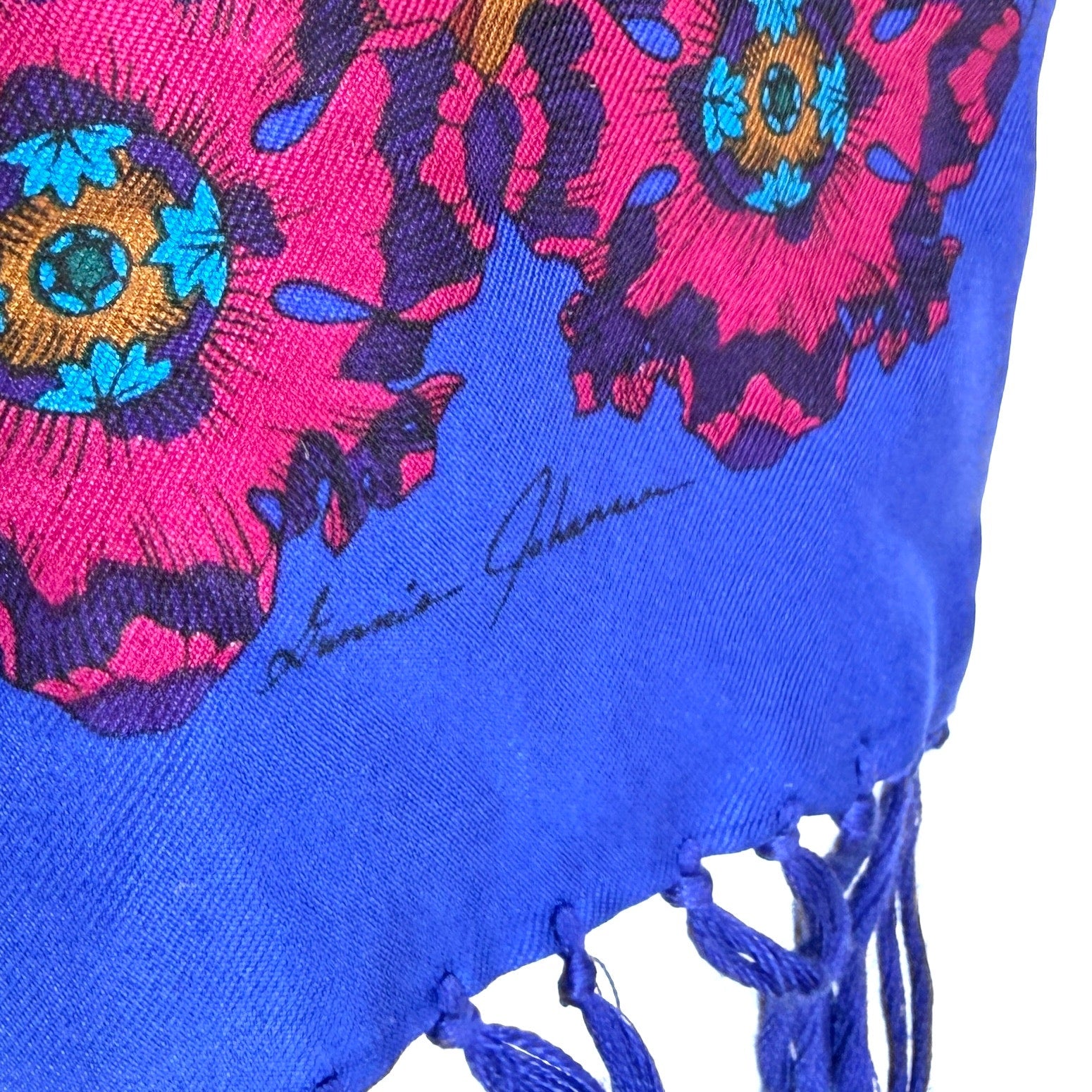 Vintage 80s Ginnie Johansen Royal Blue 100% Silk Baroque Paisley Fringe Scarf