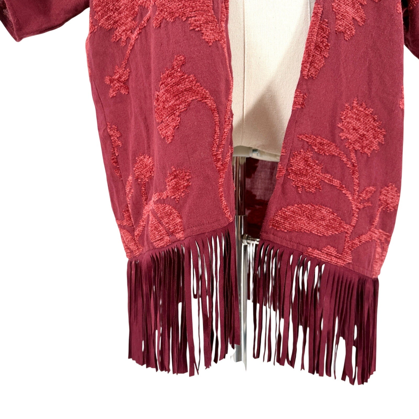 Chico's Maroon Burnout Floral Fringe Ruana Kimono
