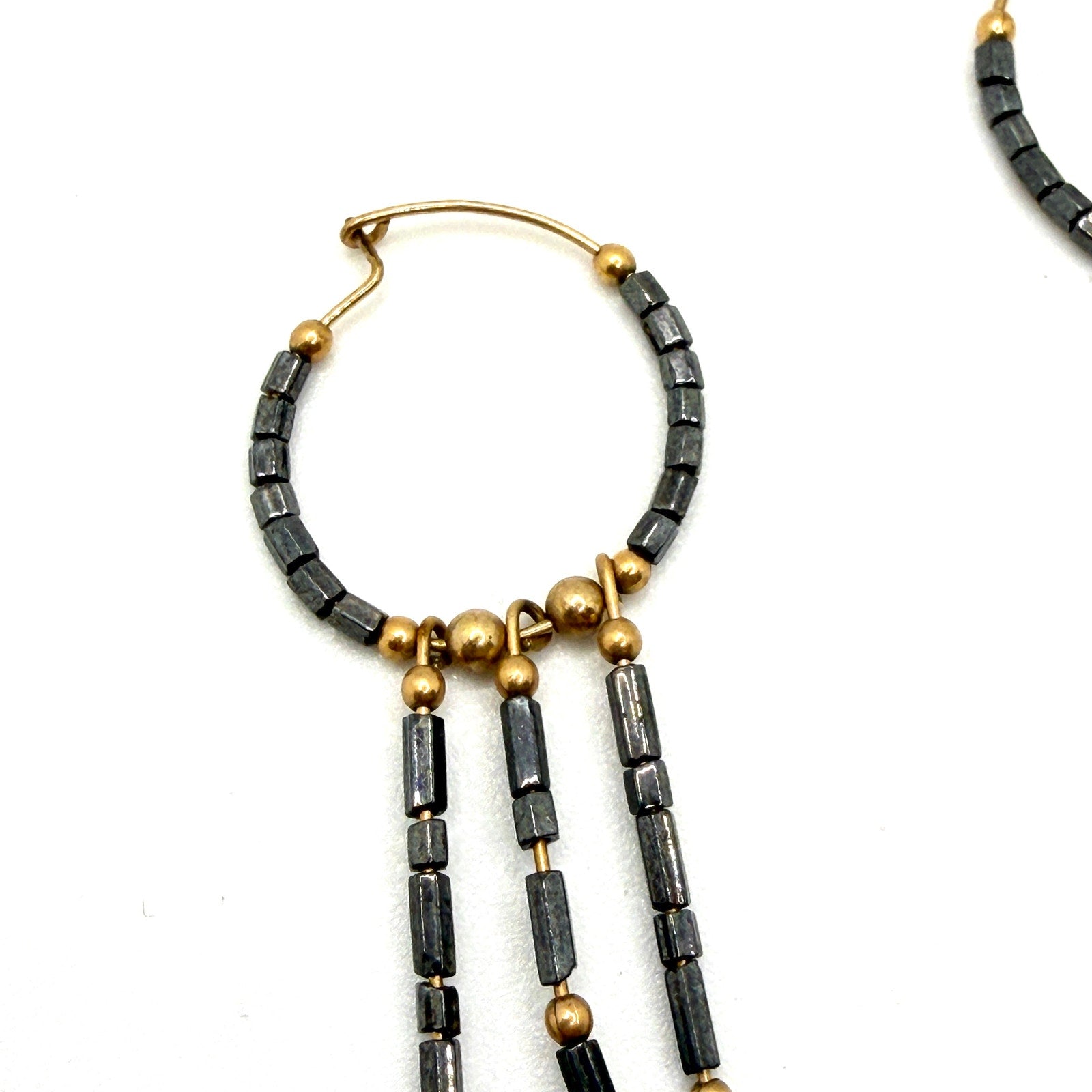 Vintage 90s Hematite Gold Toned Metallic Boho Fringe Hoop Earrings