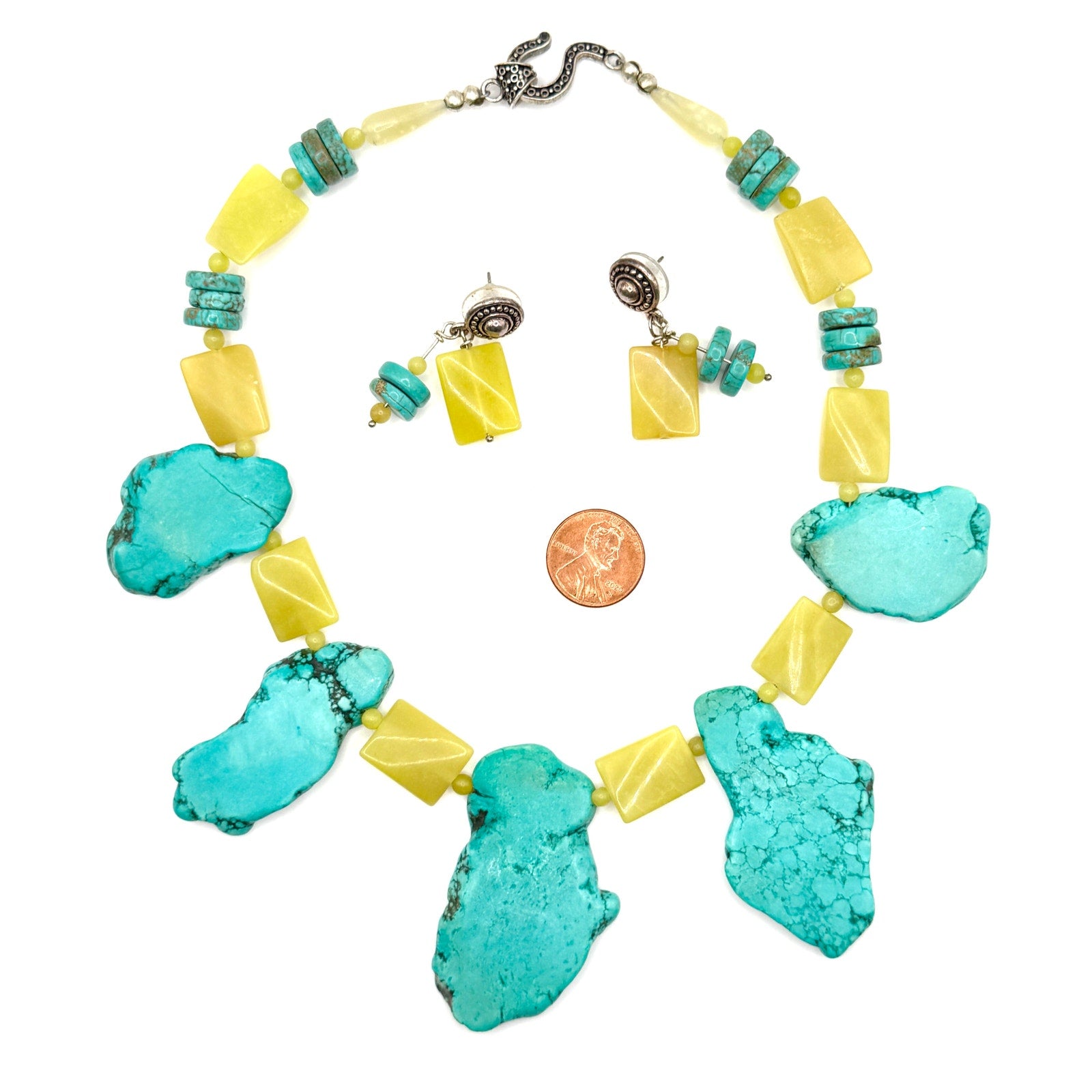 Vintage 90s Chunky Turquoise Yellow Jade Southwestern Statement Set