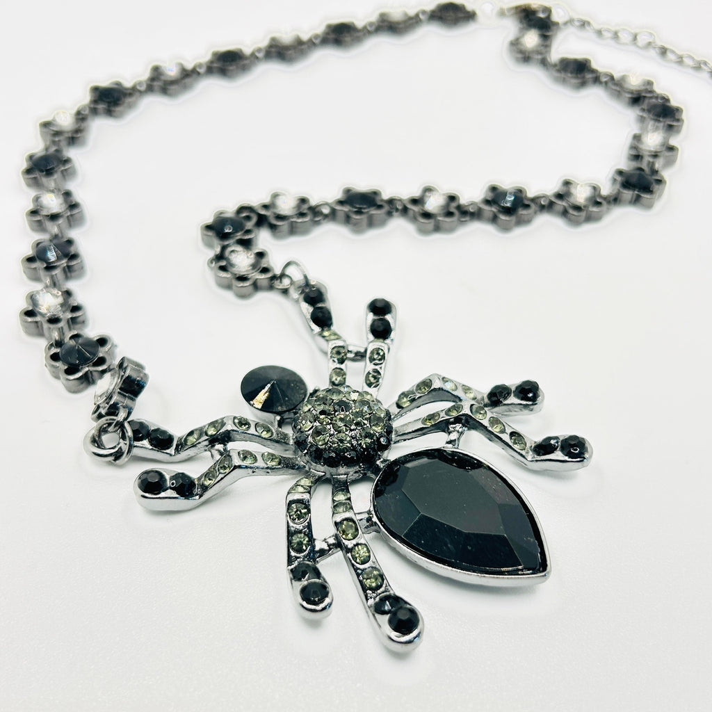 Vintage y2k Pier 1 Imports Silver Black Rhinestone Spider Pendant Necklace