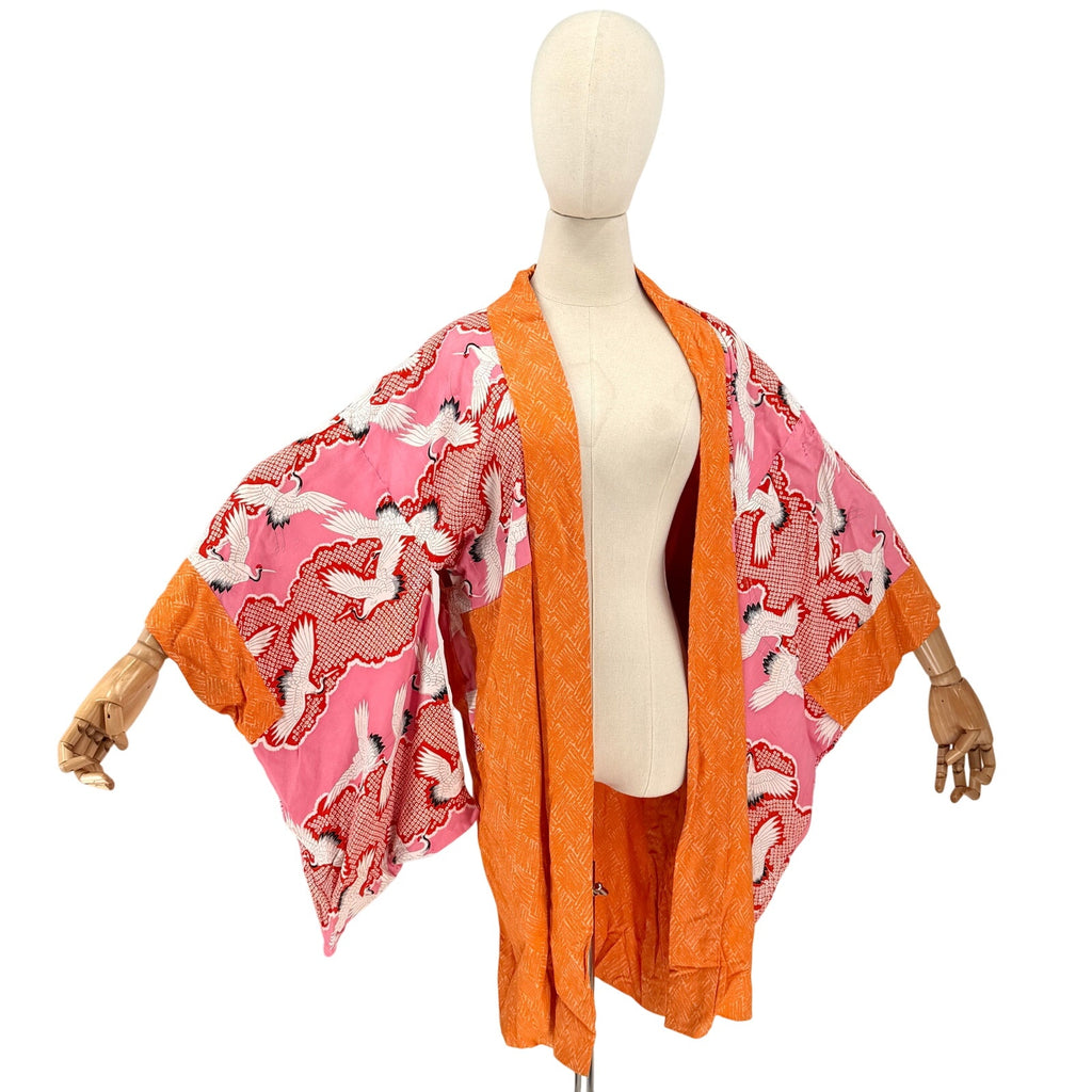 Vintage 60s Showa Era Pink Orange Silk Crane Motif Haori Kimono Jacket
