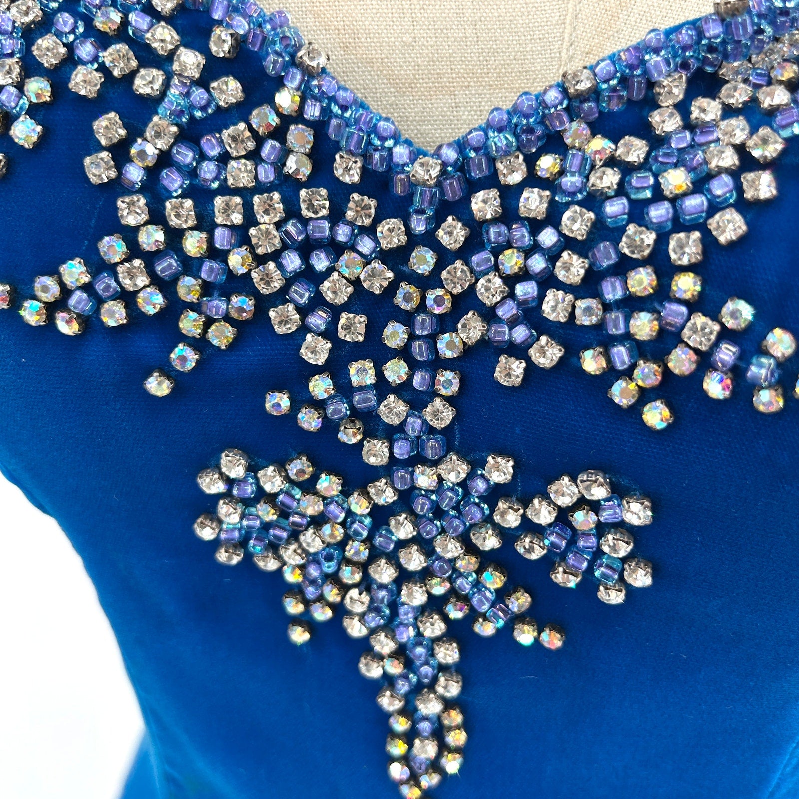 Vintage 50s Jovani Blue Velvet Rhinestone Beaded Evening Gown Dress